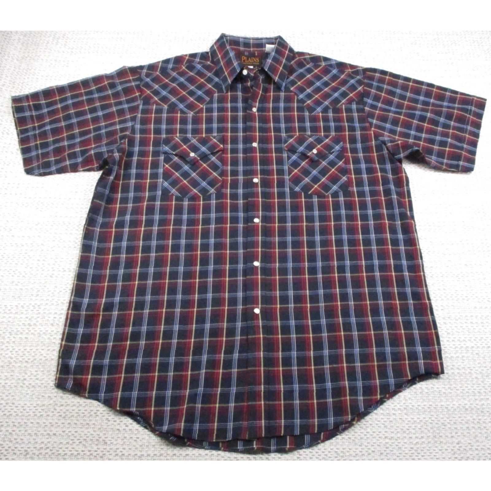 Vintage VINTAGE Plains Western Wear Shirt Mens Large Navy Red Plaid Short Sleeve Pearl Snap Size US L / EU 52-54 / 3 - 2 Thumbnail