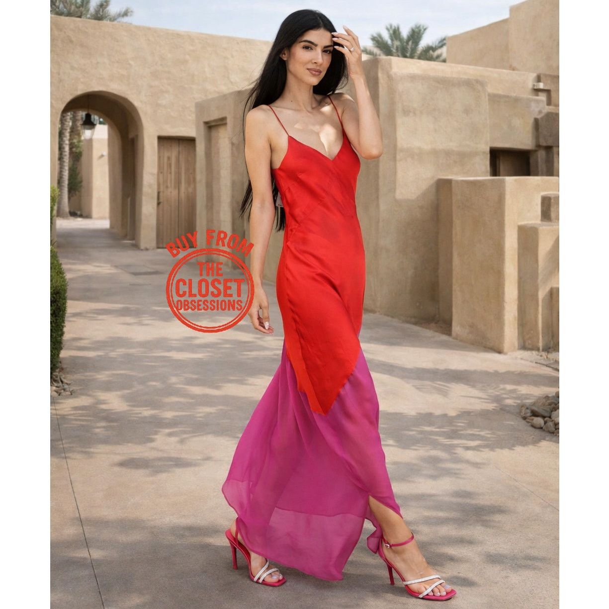 Mango Mango Red Pink Colorblock Asymmetrical Maxi Dress NWT Size S / US 4 / IT 40 - 2 Thumbnail