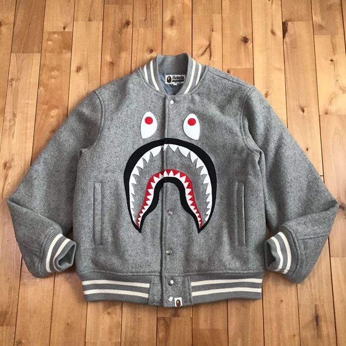 Bape BAPE Melton Shark Varsity Jacket Gray a bathing ape | Grailed