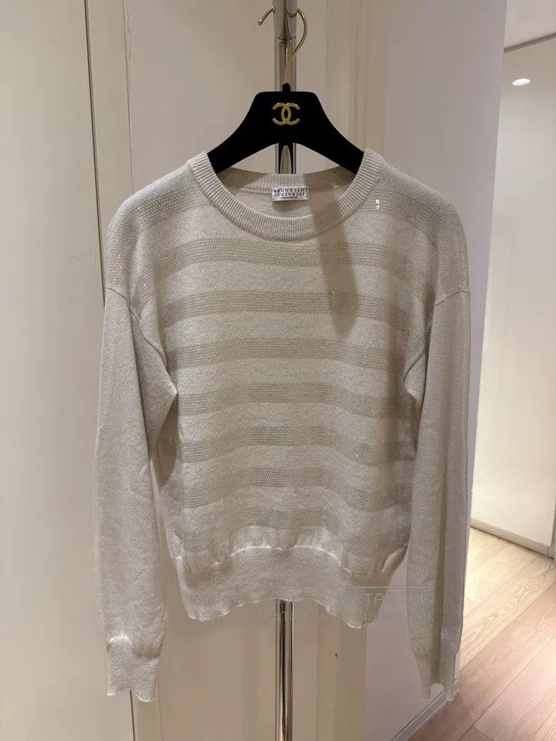 Brunello Cucinelli Brunello Cucinelli Oatmeal striped sequined cashmere knitt Size S / US 4 / IT 40 - 1 Thumbnail