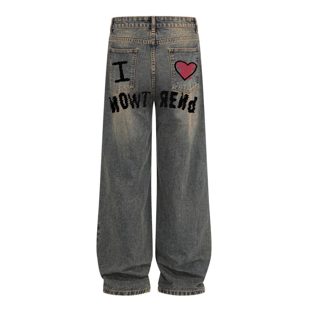 Vintage Men's washed distressed retro punk letter heart print jeans Size US 32 / EU 48 - 1 Thumbnail