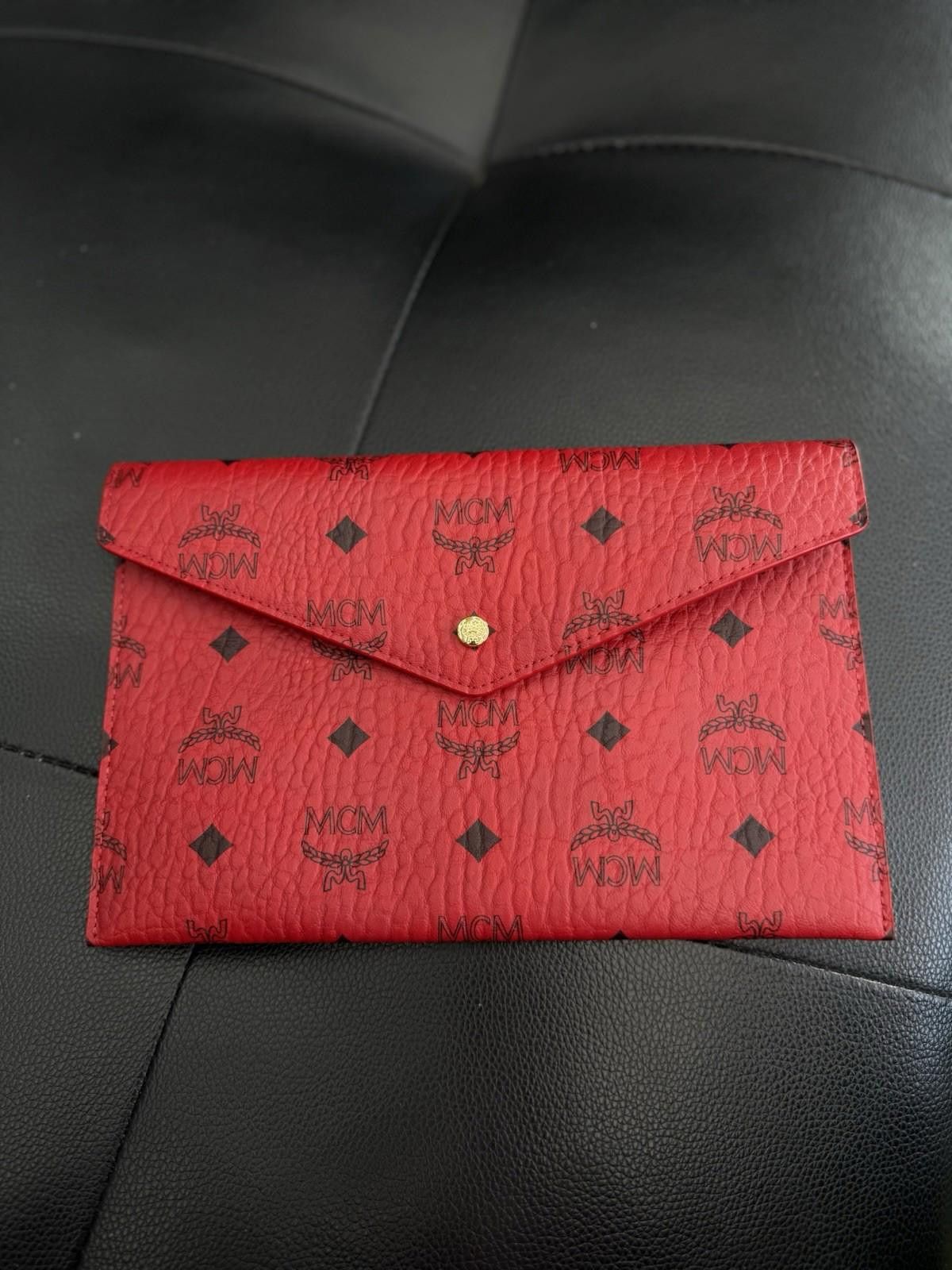 MCM GHW Pouch Clutch Coated Canvas Red 100% Authentic Women