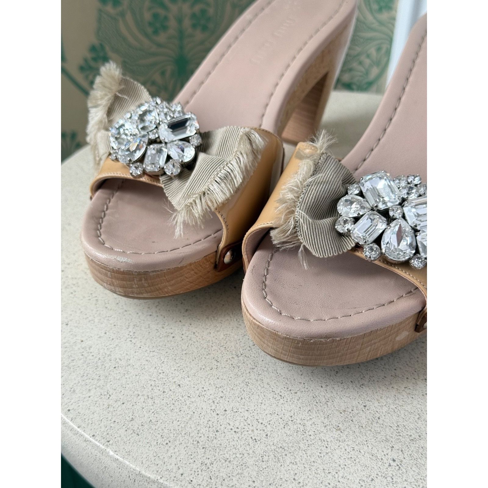 Miu Miu Miu Miu Beige Patent Leather Crystal Embellished Clogs Size US 6 / IT 36 - 8 Thumbnail