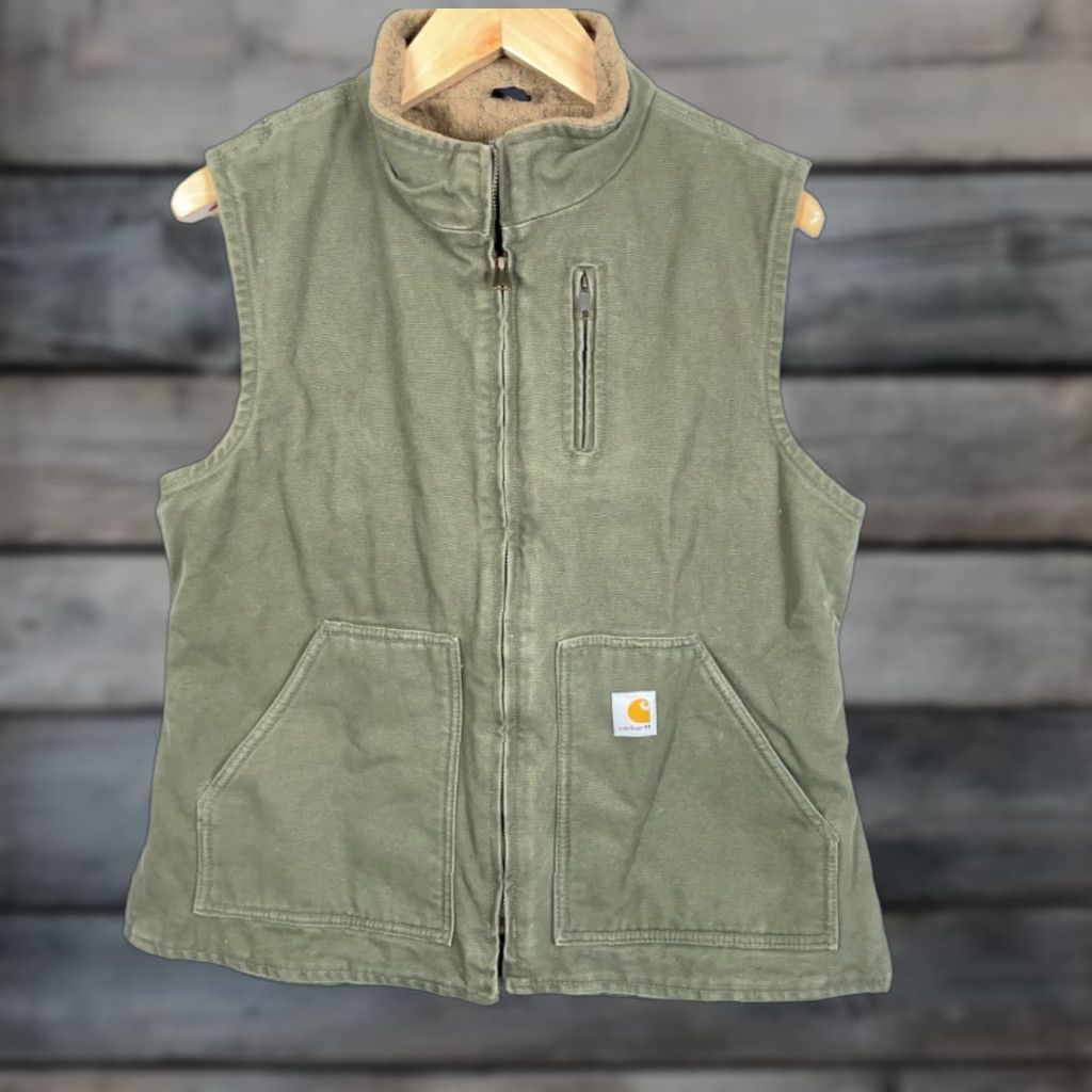 VINTAGE Carhartt Vest Women's Large Green Sherpa Lined Canvas Zip Up WV001 LOV Mock Neck