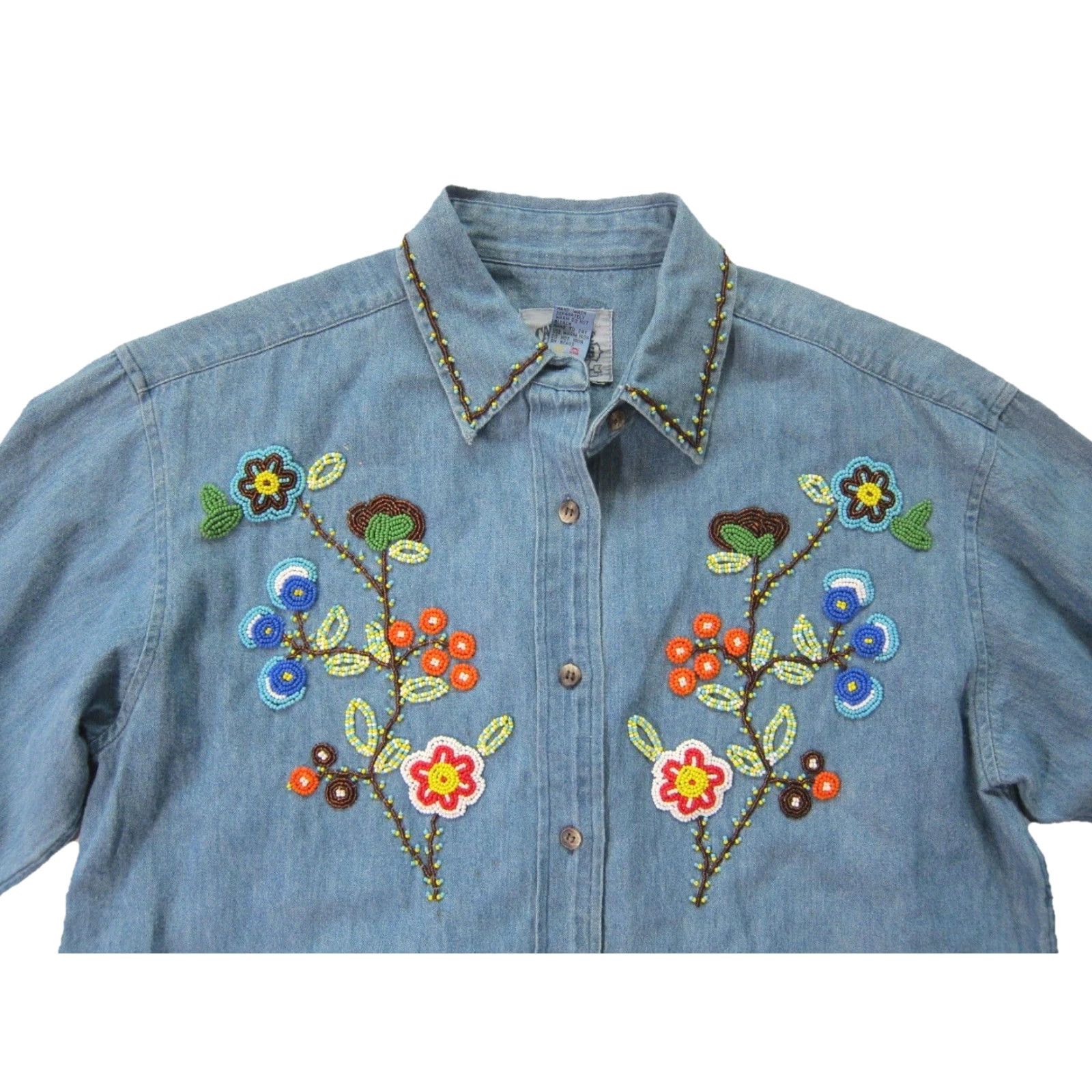 Vintage VINTAGE Cambridge Dry Goods Cotton Blue Denim Floral Beaded Western Shirt M-L Size M / US 6-8 / IT 42-44 - 4 Thumbnail