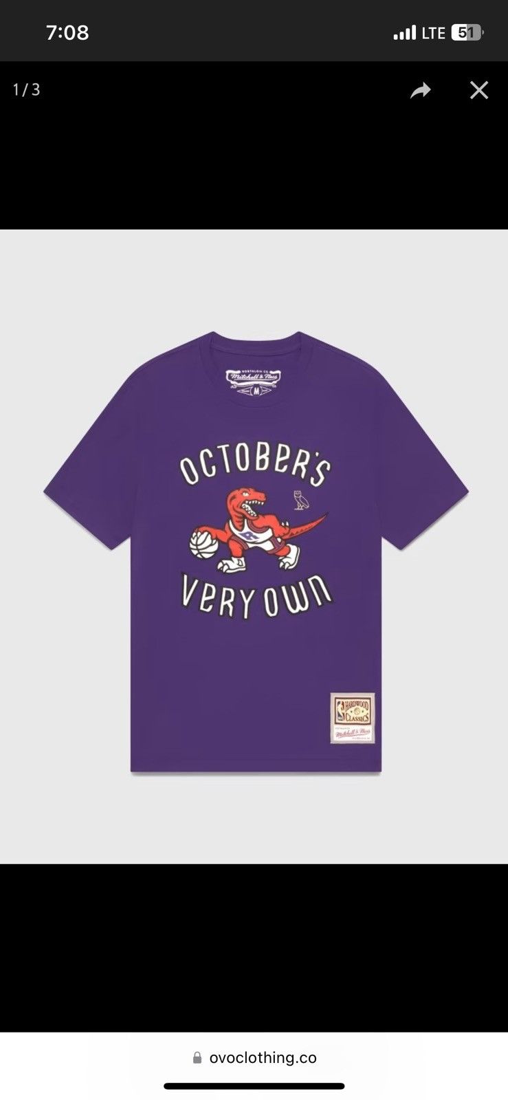 image of Mitchell Ness x NBA Ovo X Mitchell And Nes X Nba Toronto Raptors Tee in Purple, Men's (Size Small)