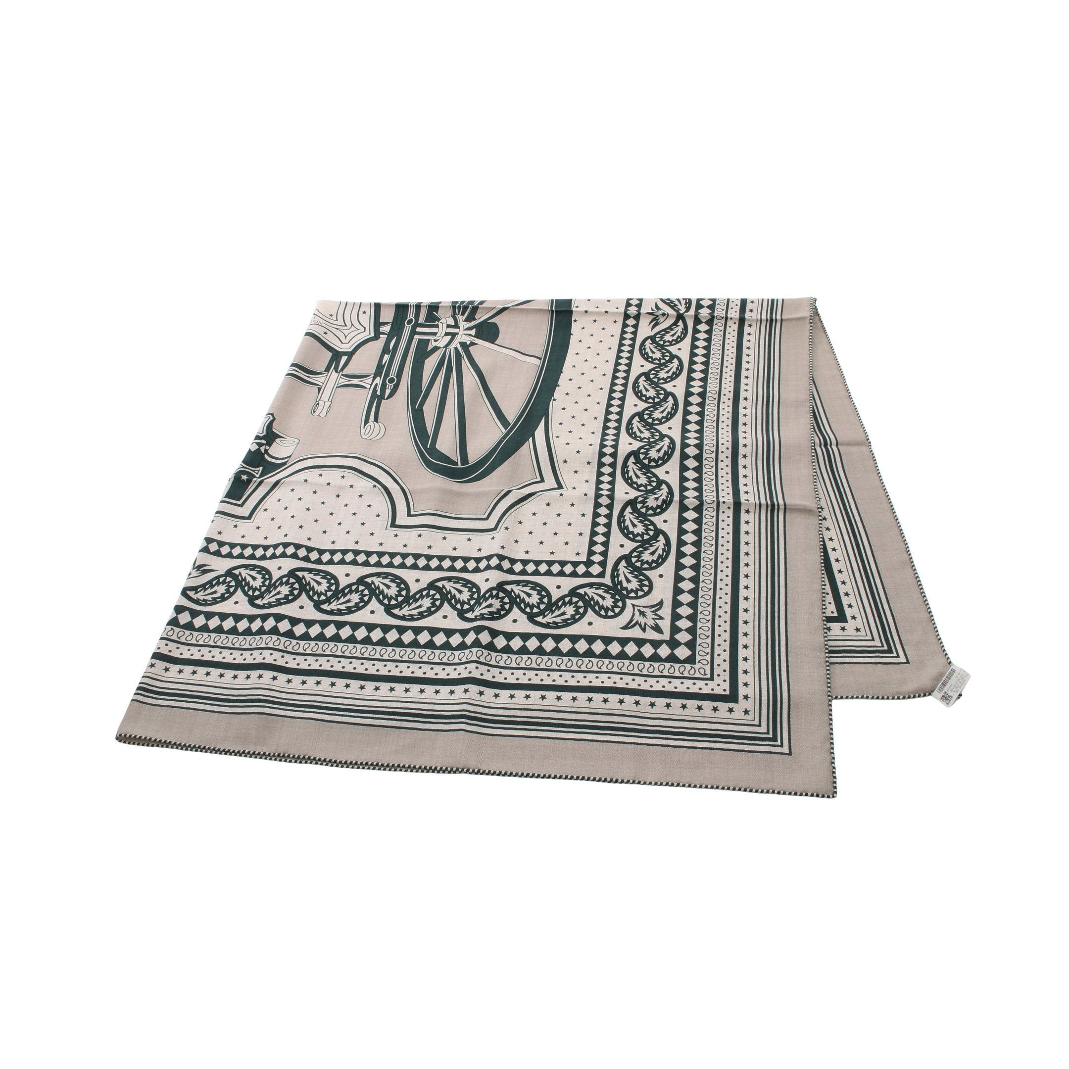 Hermes Hermes Carréjean Carres 140 Les Roues De Phaeton Scarf Shawl Cashmere Silk Gray Beige Dark Green Size ONE SIZE - 1 Thumbnail