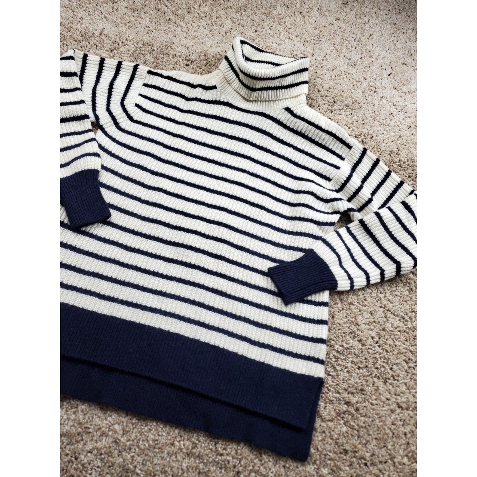 J.Crew J.Crew Sweater Womens Medium Navy White Stripe Wool Blend Turtleneck Pullover Size M / US 6-8 / IT 42-44 - 2 Thumbnail