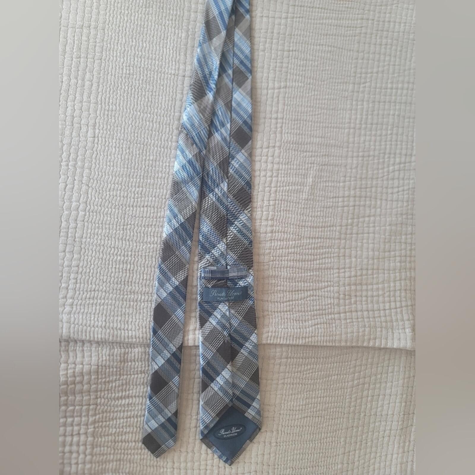 Pronto Uomo Pronto Uomo Blue and Grey Plaid Tie 100% Silk Luxury Size ONE SIZE - 4 Thumbnail