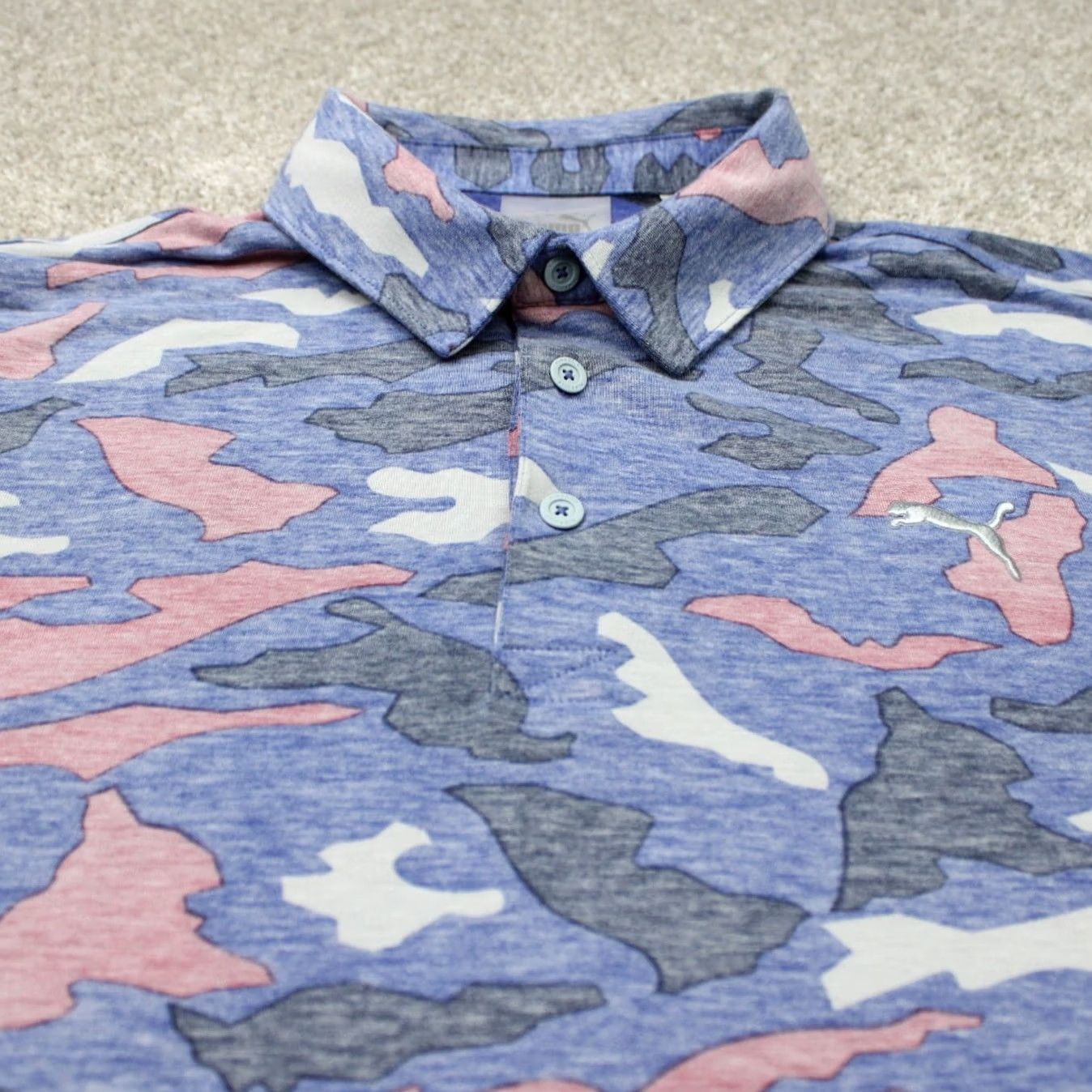 Puma PUMA Polo Shirt Mens Medium Blue Pink Camo Reverse Print Golf S/S Pullover Size US XL / EU 56 / 4 - 4 Thumbnail