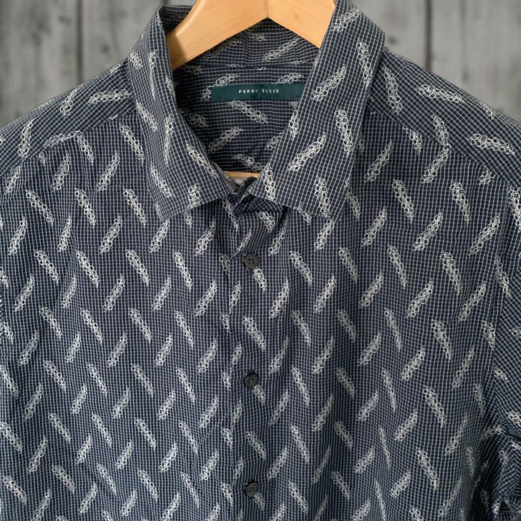 Perry Ellis Perry Ellis Shirt Mens LT Large Tall Short Sleeve Blue Print 100% Cotton Geometric Button-Up Casual Size US L / EU 52-54 / 3 - 1 Thumbnail