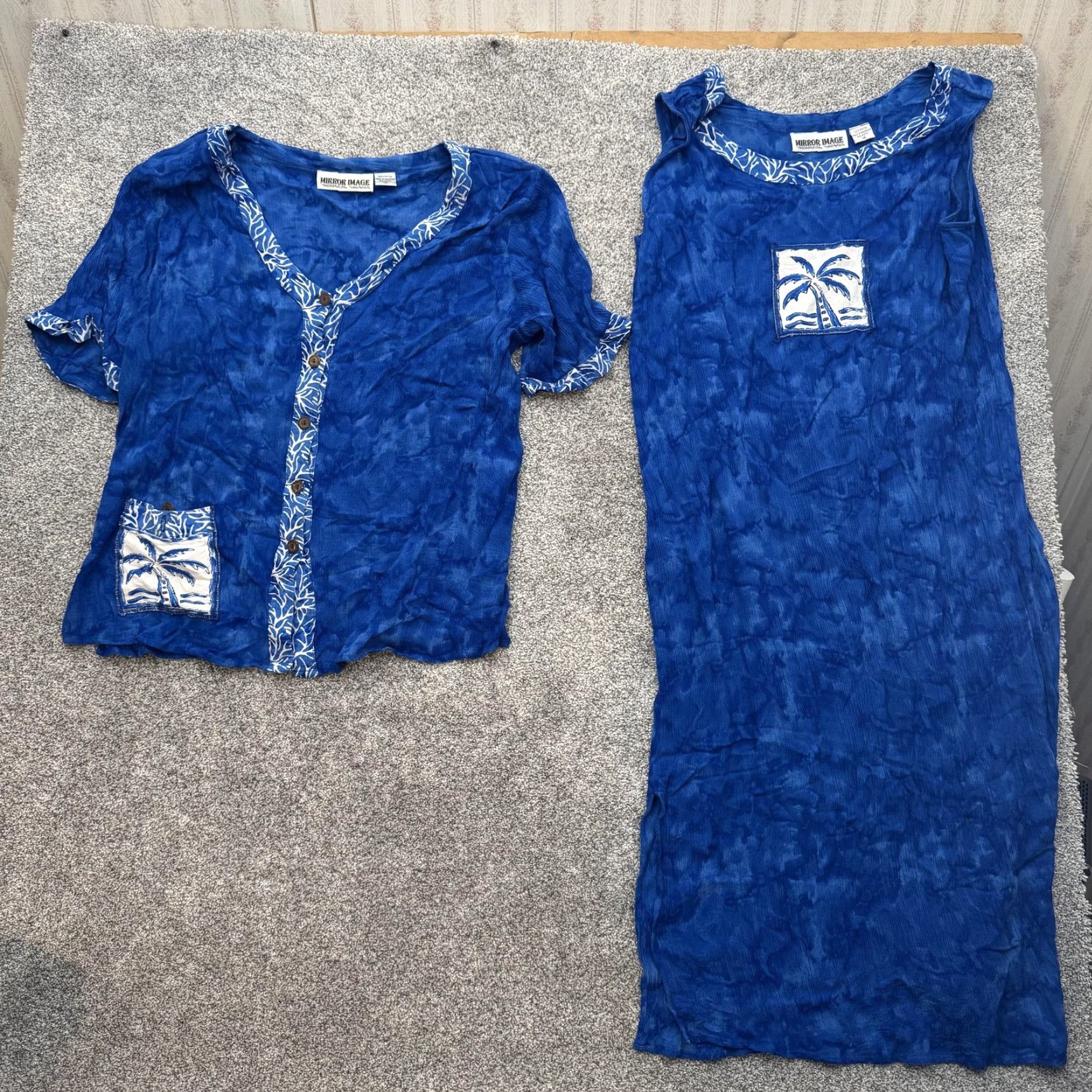 Vintage VINTAGE Mirror Image 2 Piece Dress Set Shirt Dress 1X Plus Blue Palm Boho Resort Beach Crinkle Rayon Size XL / US 12-14 / IT 48-50 - 2 Thumbnail