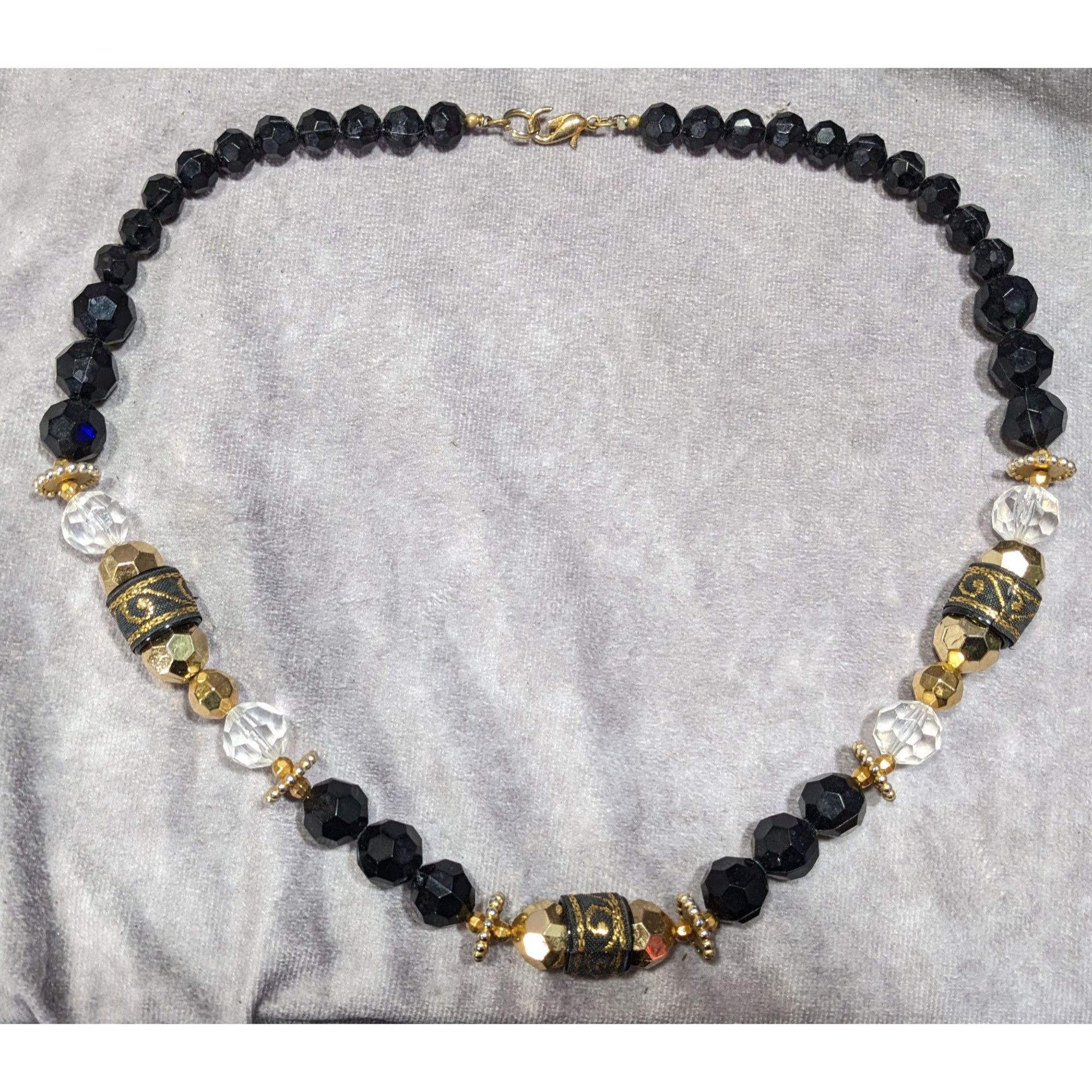 Other Chunky Glam Black And Gold Tone Beaded Necklace With Ribbon Size ONE SIZE - 6 Thumbnail