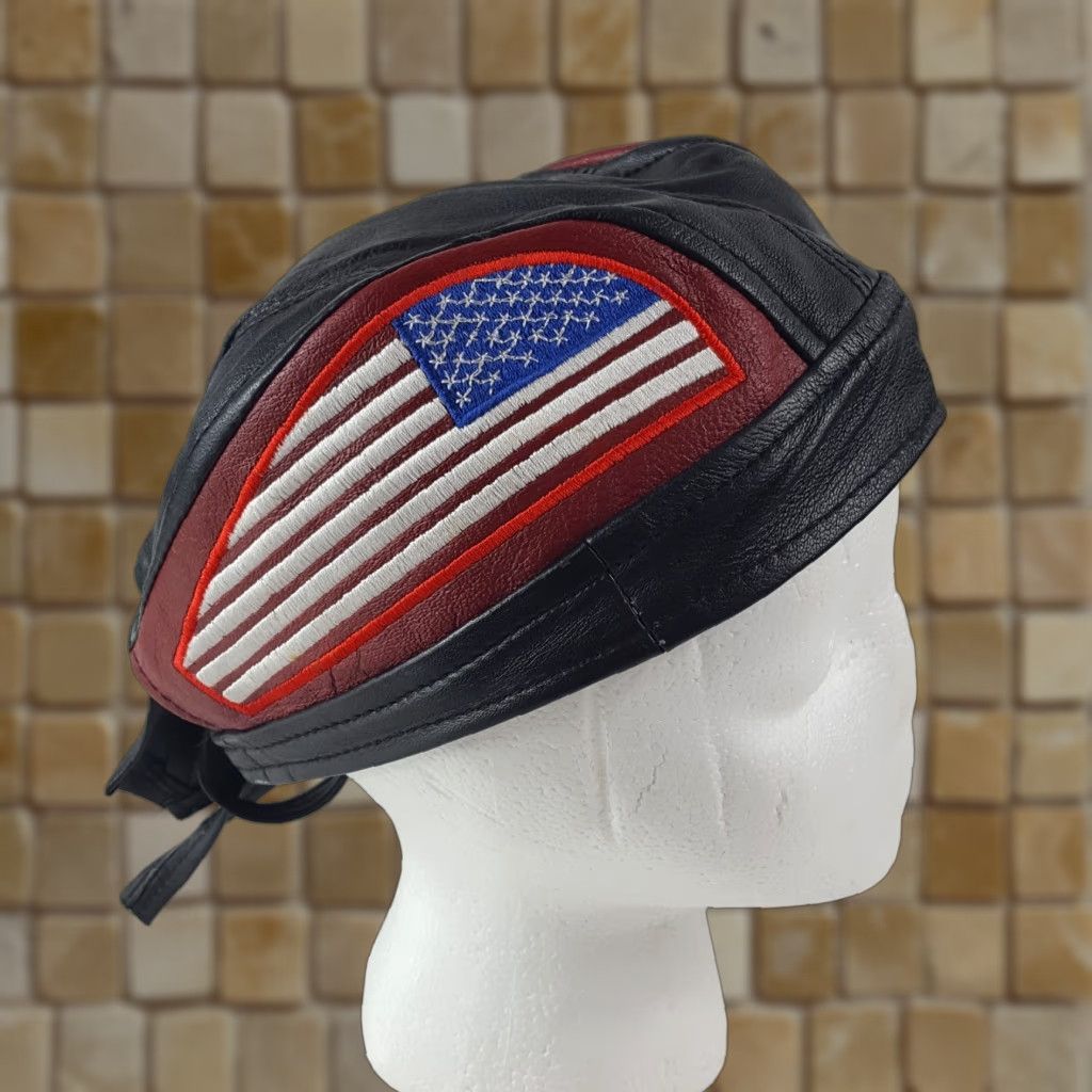 Vintage VINTAGE Sheep Leather USA Flag Motorcycle Skull Cap Headwrap Men One Size Black 90s Biker Skull 80s Y2K Athletic Outdoor Size ONE SIZE - 1 Thumbnail