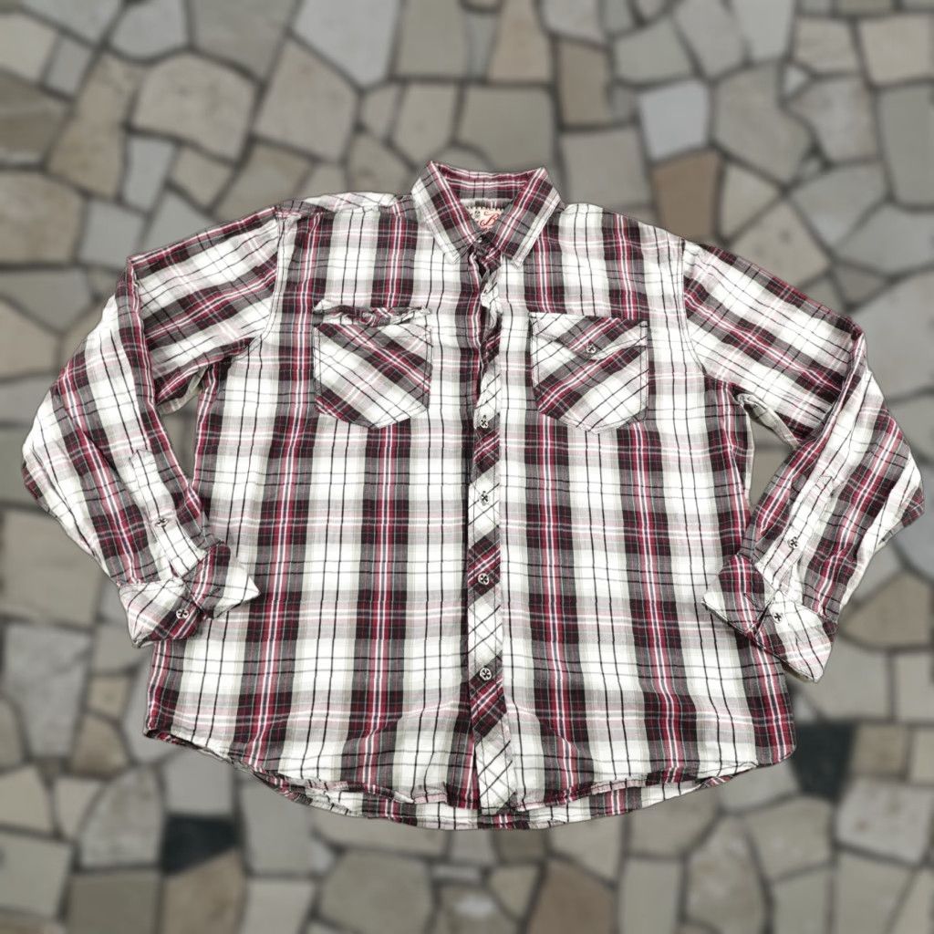 Affliction VINTAGE Affliction Shirt Mens XL Red Plaid Button Up Roll Tab White Black Premium Y2K Size US XL / EU 56 / 4 - 1 Thumbnail