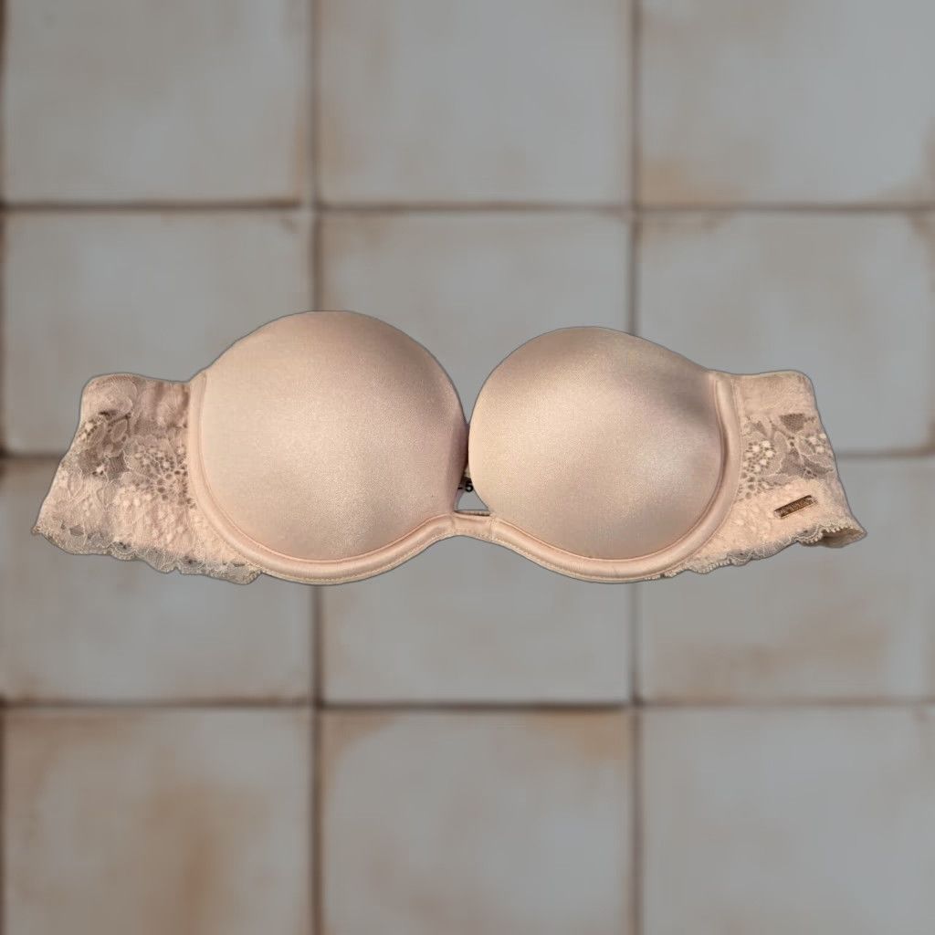 Victorias Secret Victoria Secret Pink Womens Bra 34A Beige Lace Band Push Up Plunge No Straps