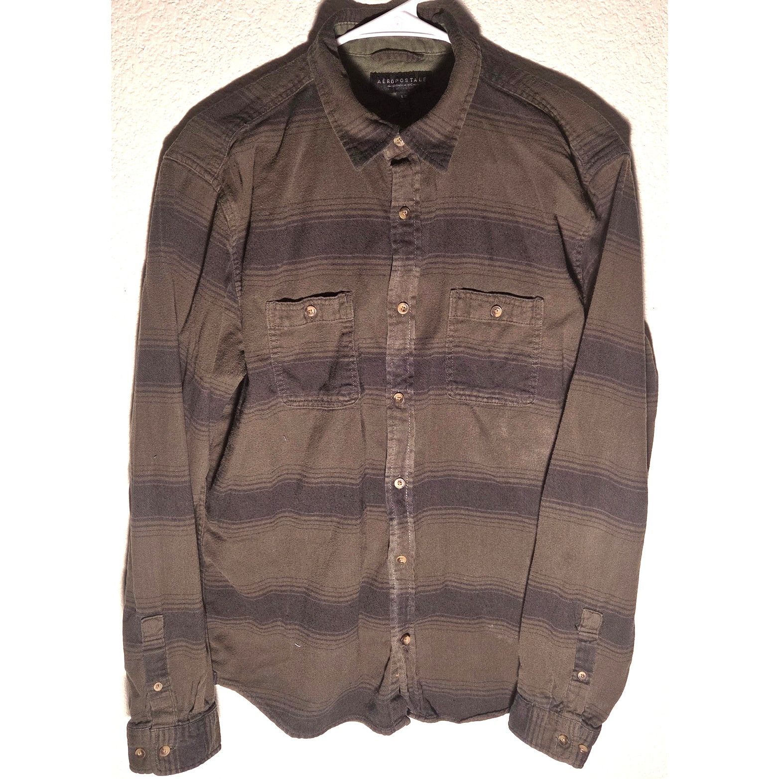 Aeropostale Aeropostale Army Green Striped Button-Up Shirt - Large Size US L / EU 52-54 / 3 - 1 Thumbnail