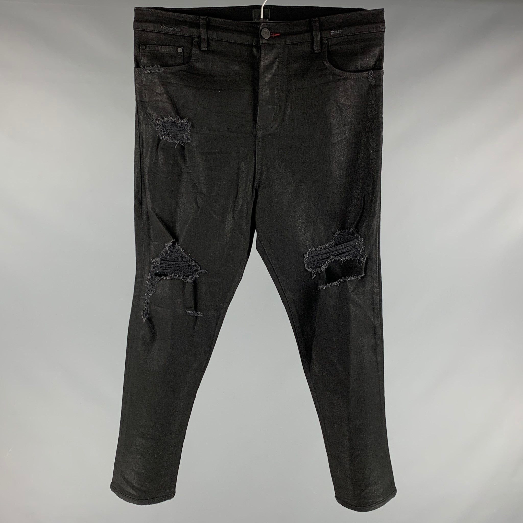 image of En Noir Black Distressed Cotton Elastane Button Fly Jeans, Men's (Size 38)
