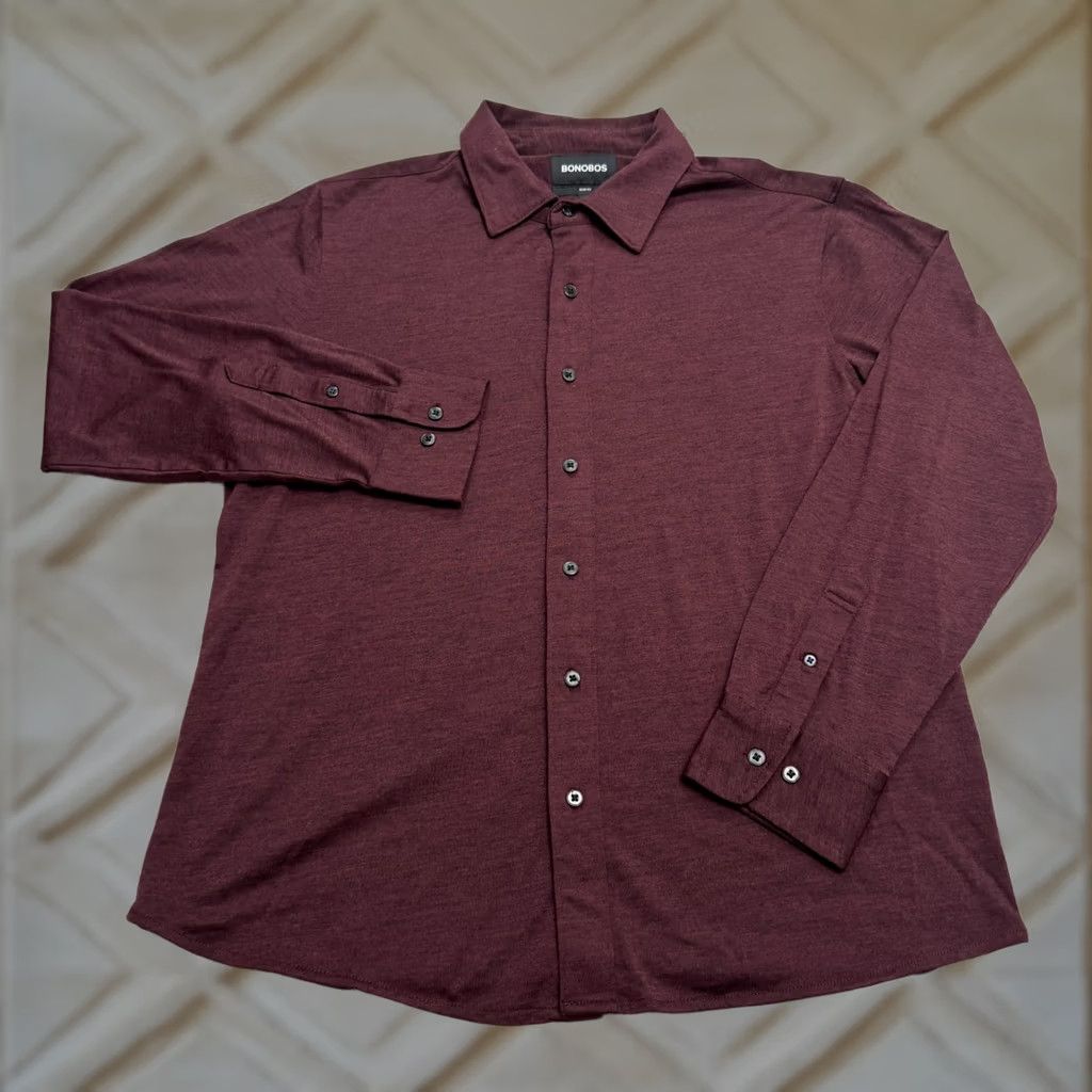 Bonobos Bonobos Slim Fit Button-Down Shirt Mens Large Burgundy Long Sleeve Wool Polyester Wool Blend Solid Classic Preppy Men's Button-Up Shirt Size US L / EU 52-54 / 3 - 1 Thumbnail