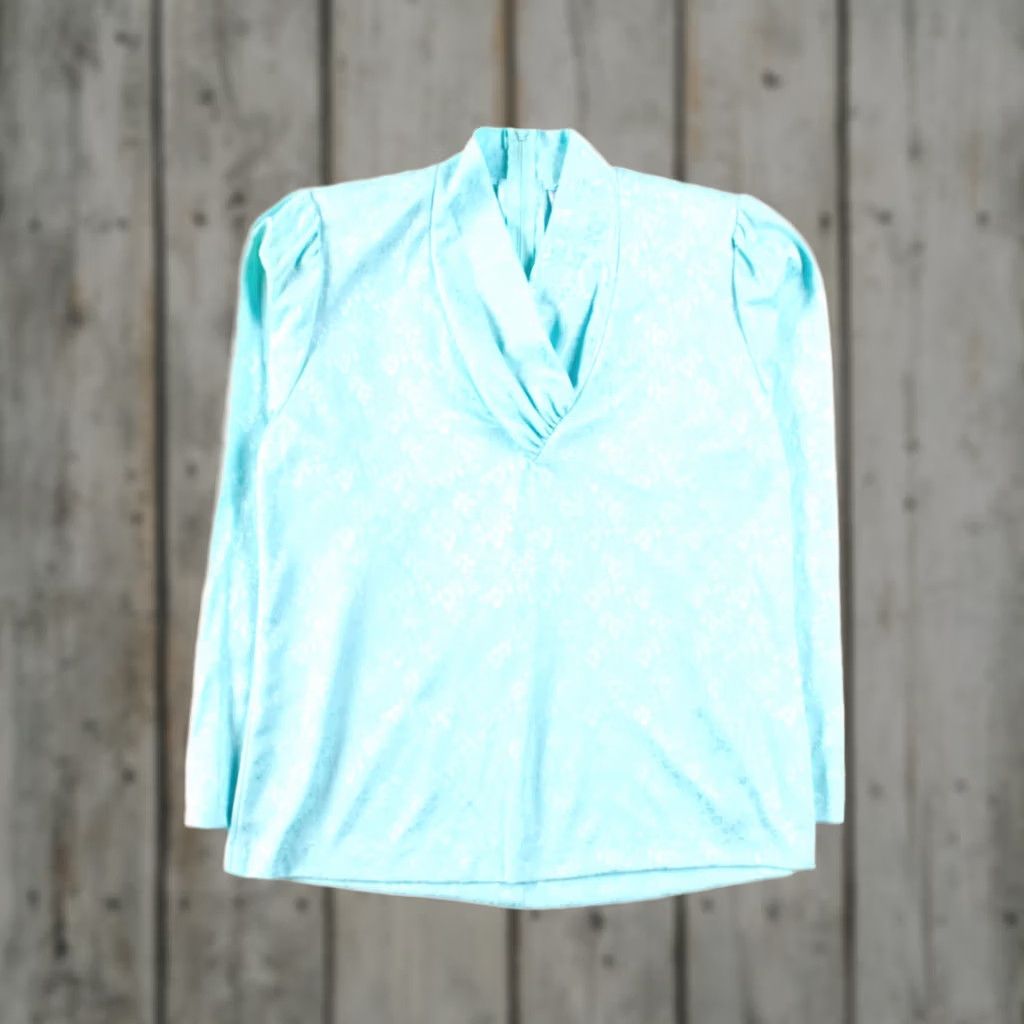 AQUA Nancy II Shiny Aqua Floral Shawl Collar Blouse Small Polyester Vintage Shiny Aqua Floral Shawl Collar Blouse Womens Size S / US 4 / IT 40 - 1 Thumbnail