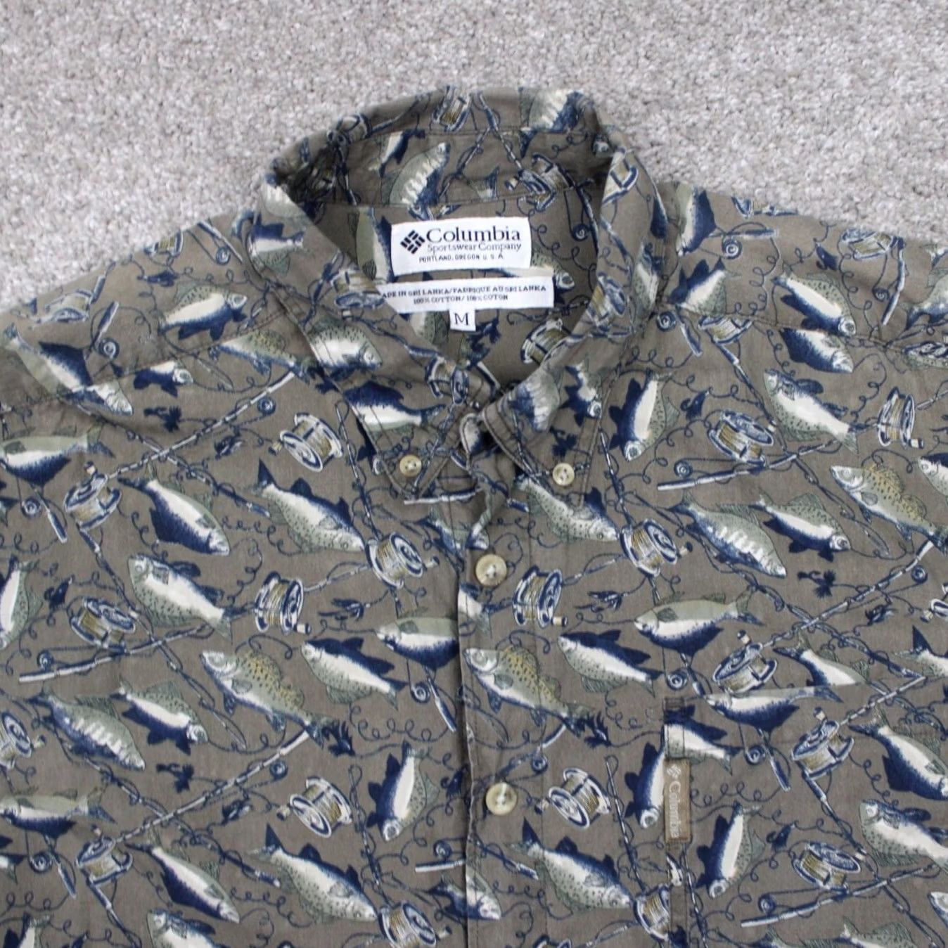 Vintage Columbia Mens Medium Gray/Blue Fish All Over Print Cotton Long Sleeve Shirt Size US M / EU 48-50 / 2 - 6 Thumbnail