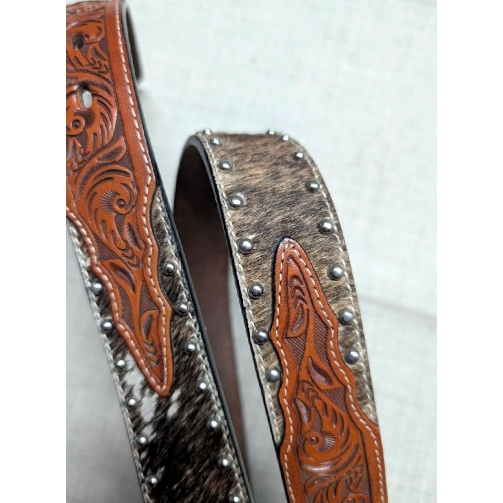 Vintage VINTAGE western belt 36 leather studs cowhair buckle rodeo Y2K cowboy Mens Size 36 - 2 Thumbnail