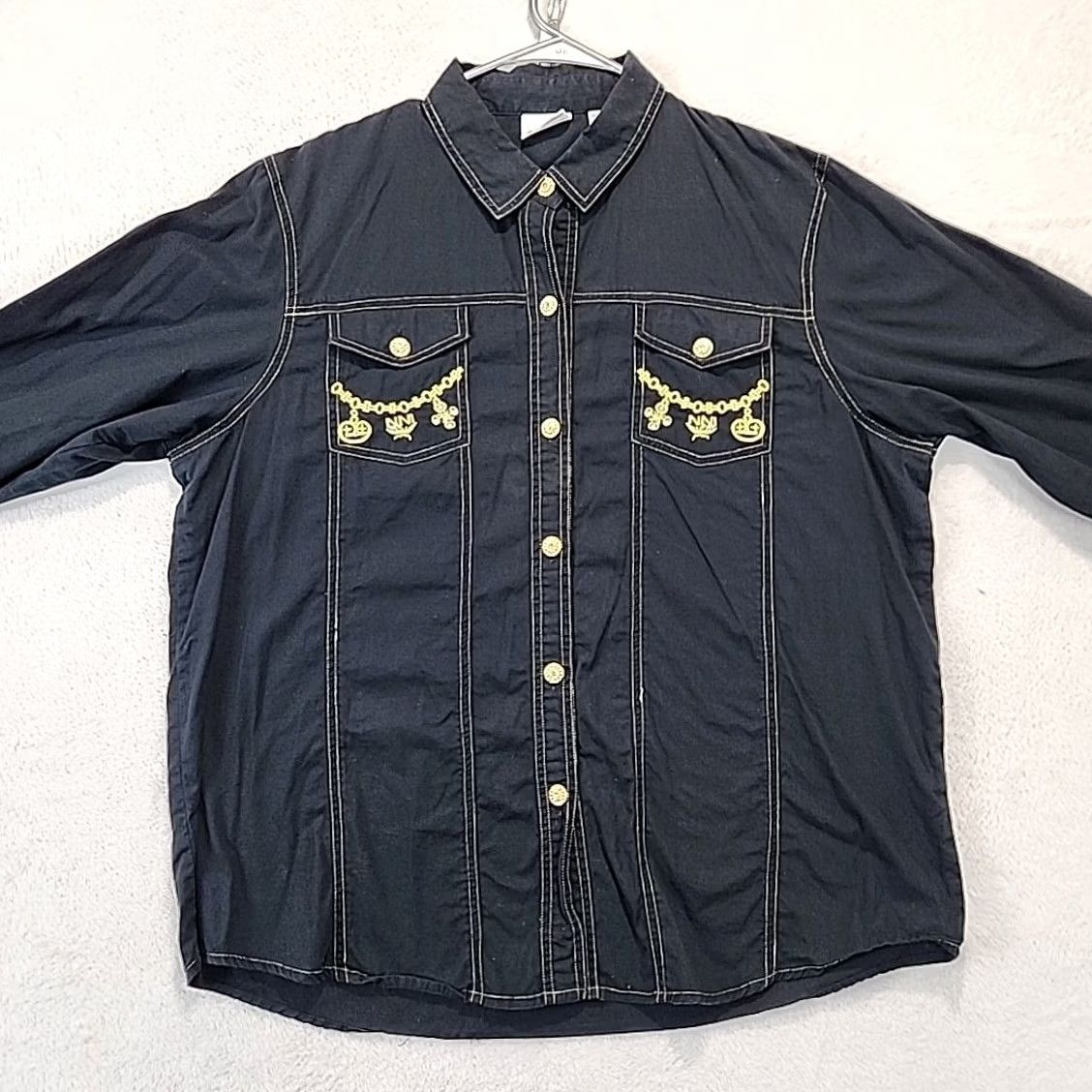 Vintage VINTAGE Styleworks Black Button-Up Cotton Blouse Gold Embellishments Womens Sz 16 Regular Fit Long Sleeve Rhinestone Cardigan not included? Size XXL / US 16-18 / IT 52-54 - 4 Thumbnail