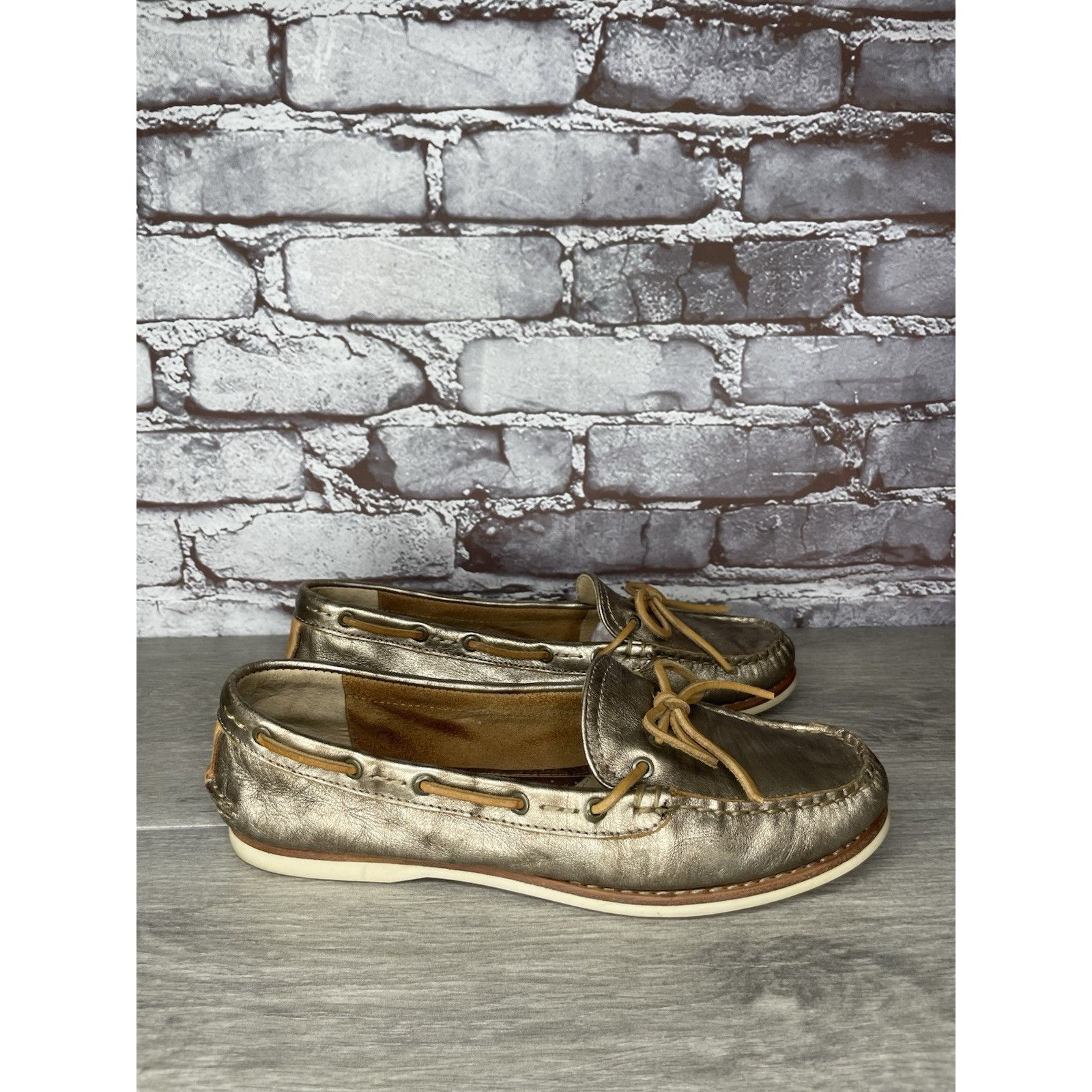Frye FRYE Quincy Tie Leather Metallic Deck Shoes Gold Boat Shoes Size US 8 / IT 38 - 4 Thumbnail