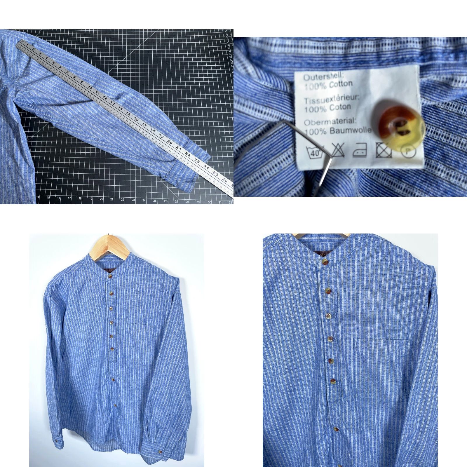 Lee Lee Valley Ireland Grandfather Shirt Men's L Blue Stripe Cotton Band Collar Shirt Size US L / EU 52-54 / 3 - 8 Thumbnail