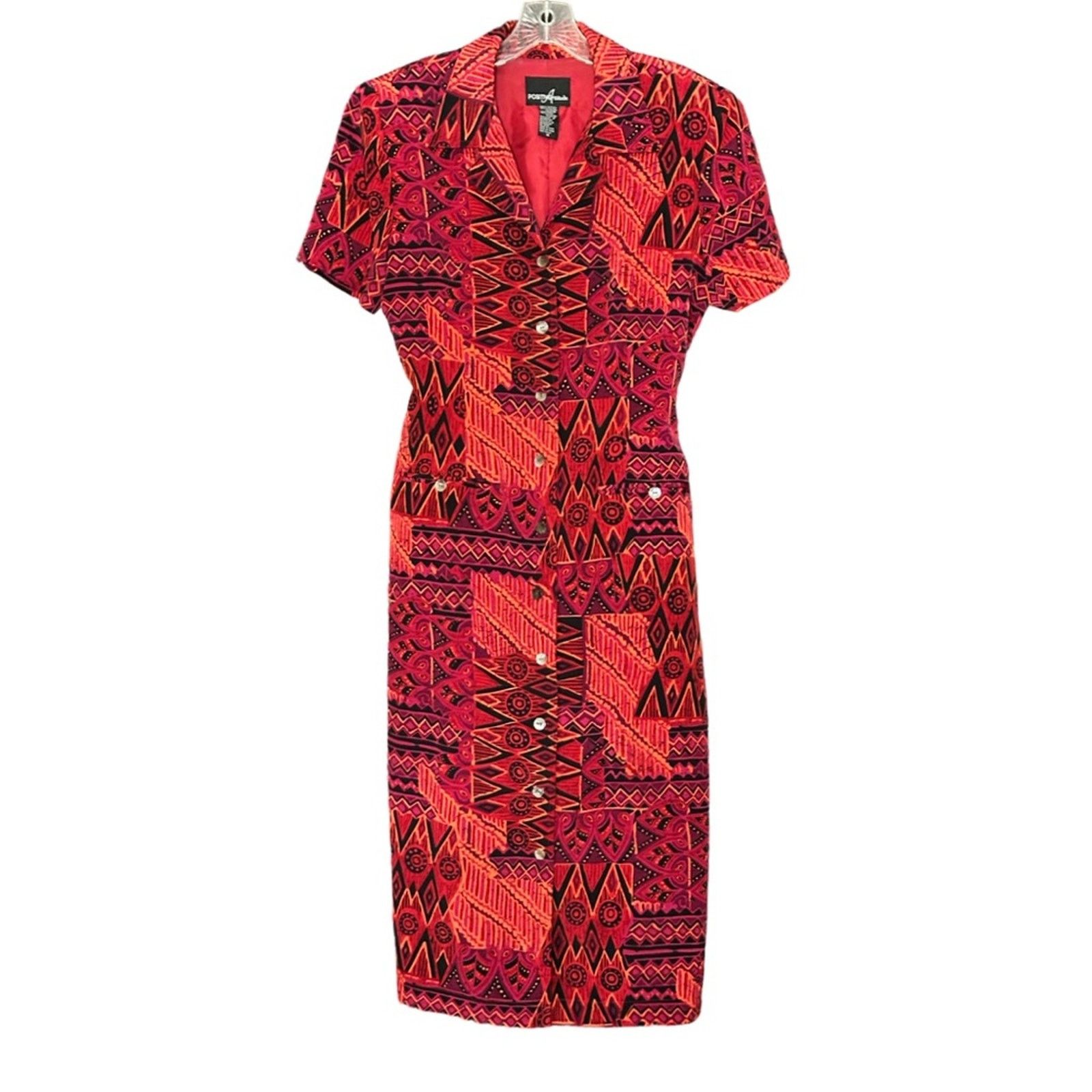 Other Vintage 90’s Red Abstract Lined Button Up Midi Dress Size XL / US 12-14 / IT 48-50 - 4 Thumbnail