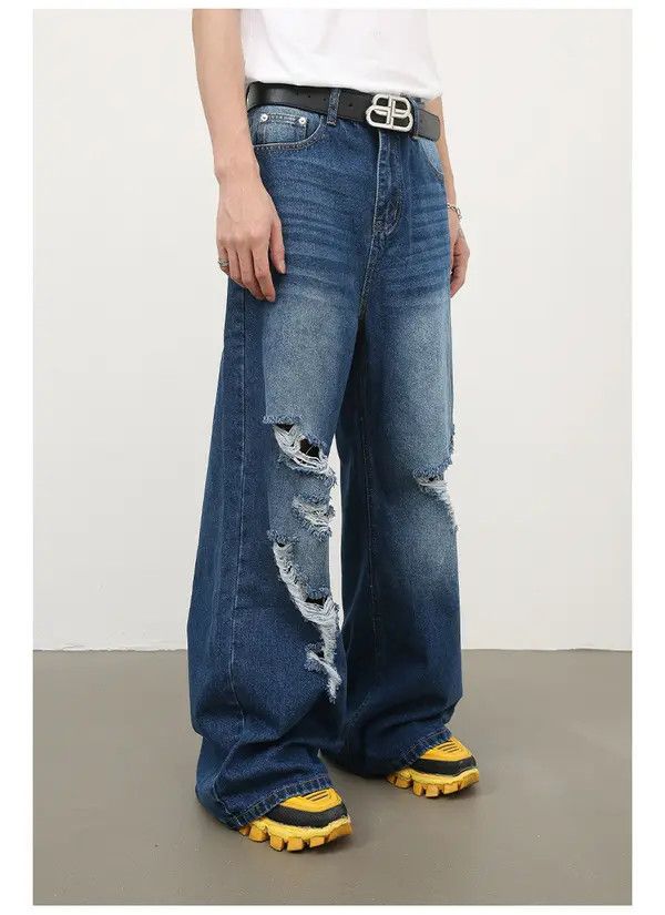 Japanese Brand Fukada x Hada Men's retro washed loose straight ripped jeans Size US 32 / EU 48 - 5 Thumbnail