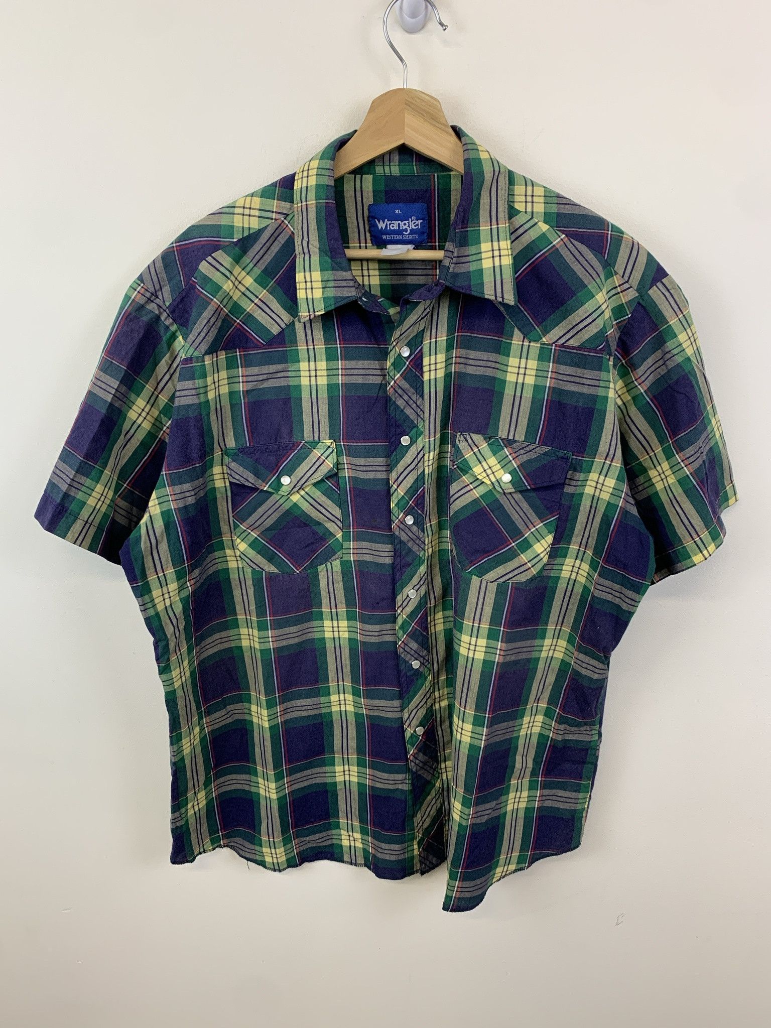 Vintage Wrangler Navy Check Western Pearl Snap Button Down Shirt