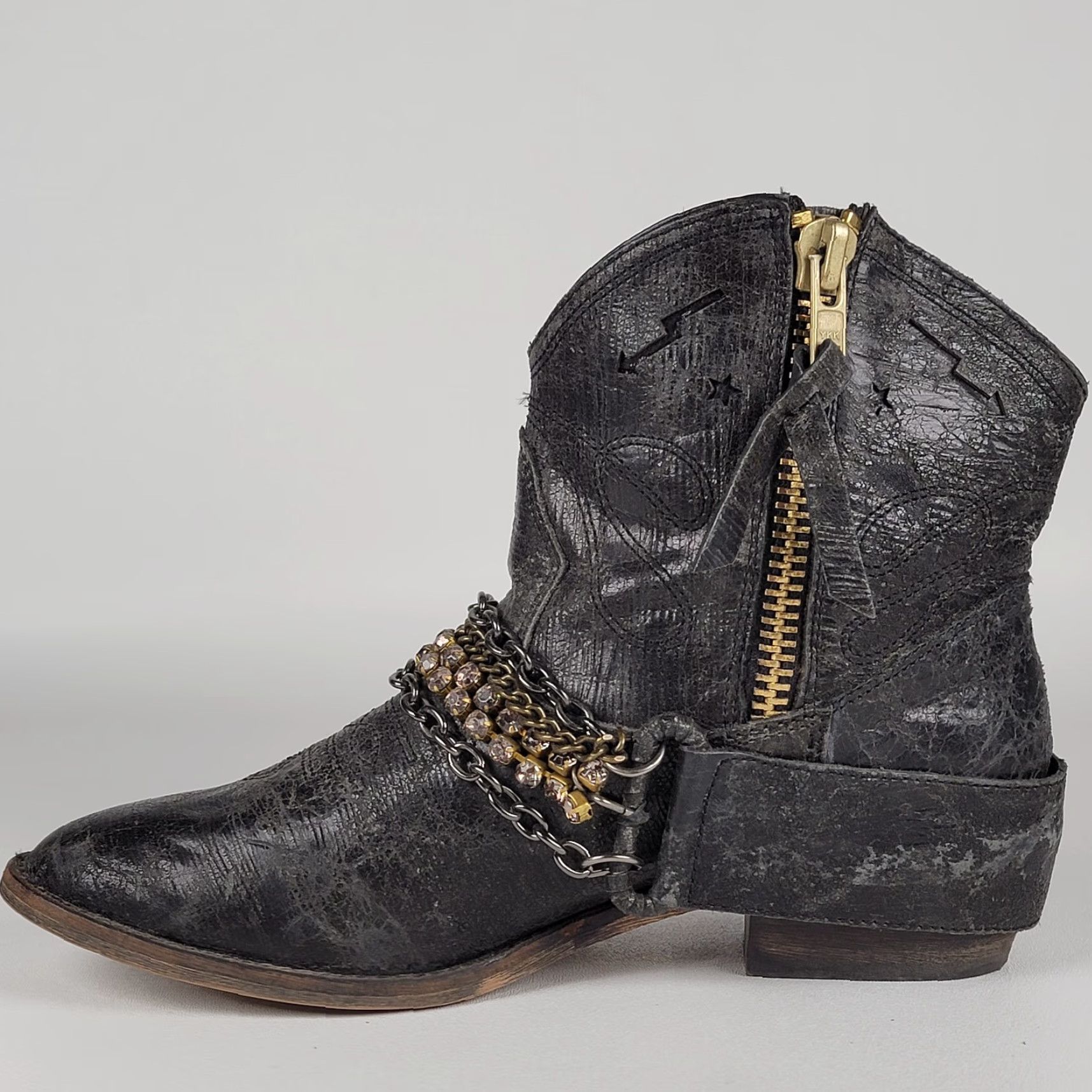 Steve Madden Steve Madden Brasko Women Cowboy Bootie Leather Chains Rhinestones Festival 8.5 Black Leather Bootie Cowboy Womens 8.5 Size ONE SIZE - 4 Thumbnail