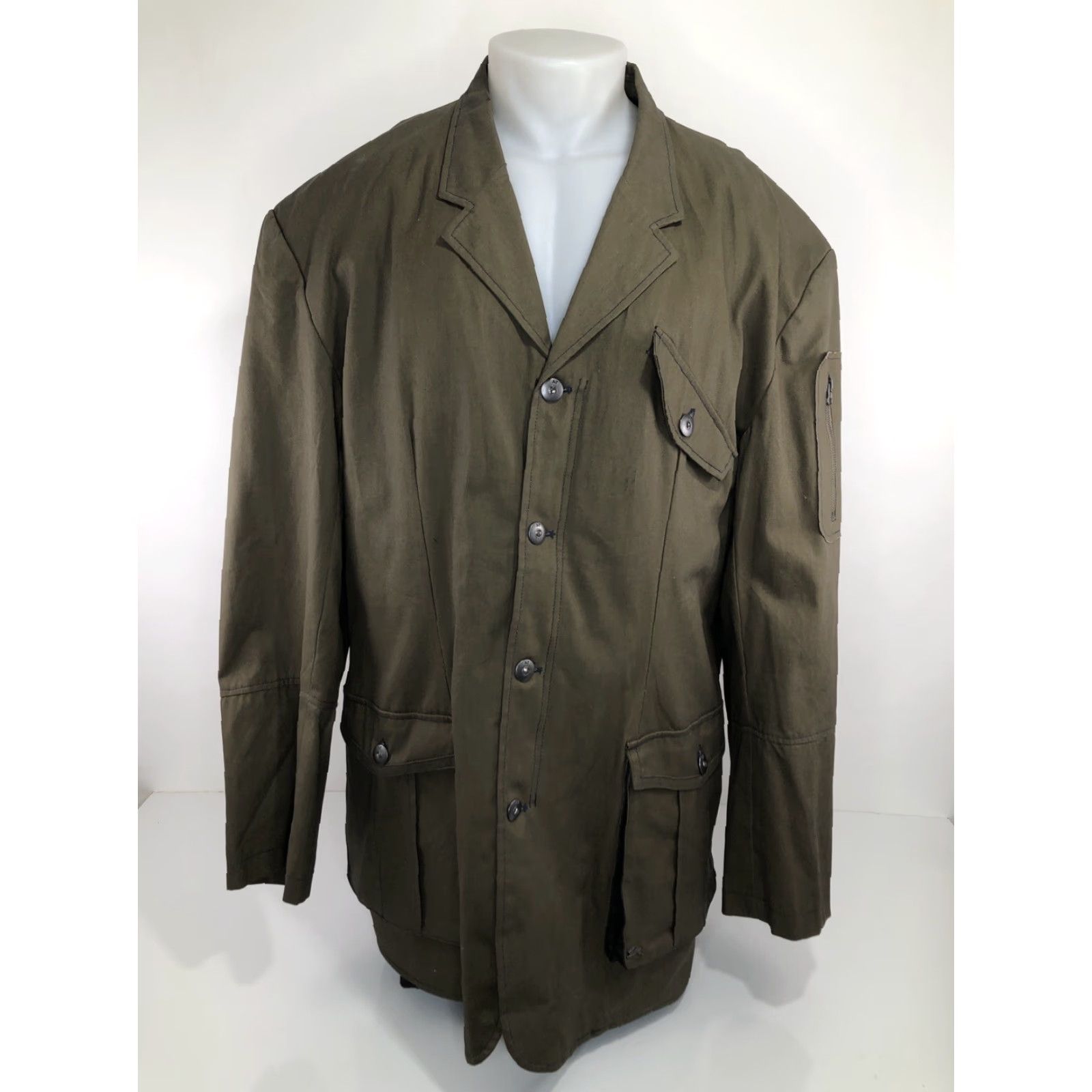 Vintage A. TIZIANO Blazer Shirt? Military Canvas Cotton 4XL ELBOW PATCH Blazer Jacket Military Green Mens Size 48R - 2 Thumbnail