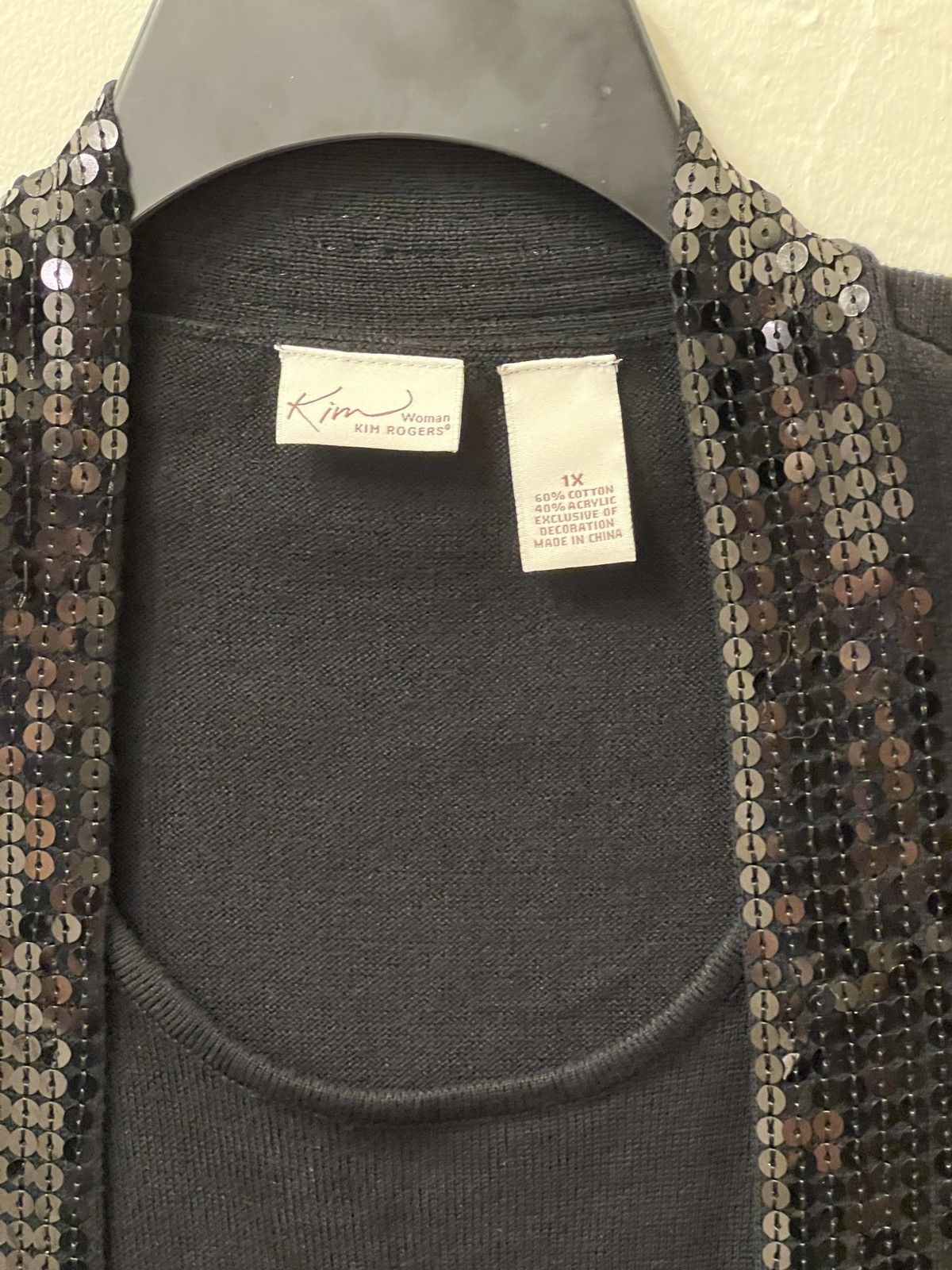 Other 2-in-1 Black Sequin Trim Cardigan w/ Built-in Tank, size 1X Size XL / US 12-14 / IT 48-50 - 2 Thumbnail