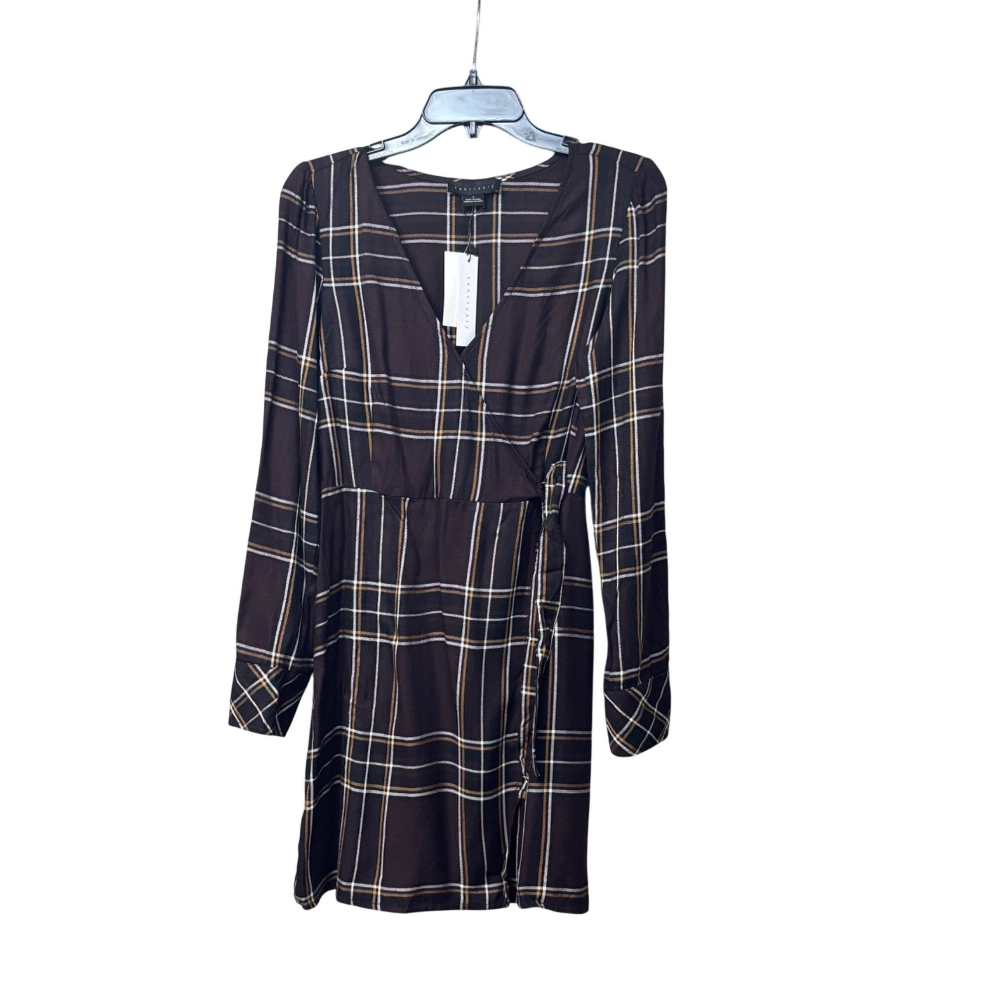 Sanctuary SANCTUARY Upbeat Faux-Wrap Long Sleeved Plaid Dress, Brown, Size M / US 6-8 / IT 42-44 - 6 Thumbnail