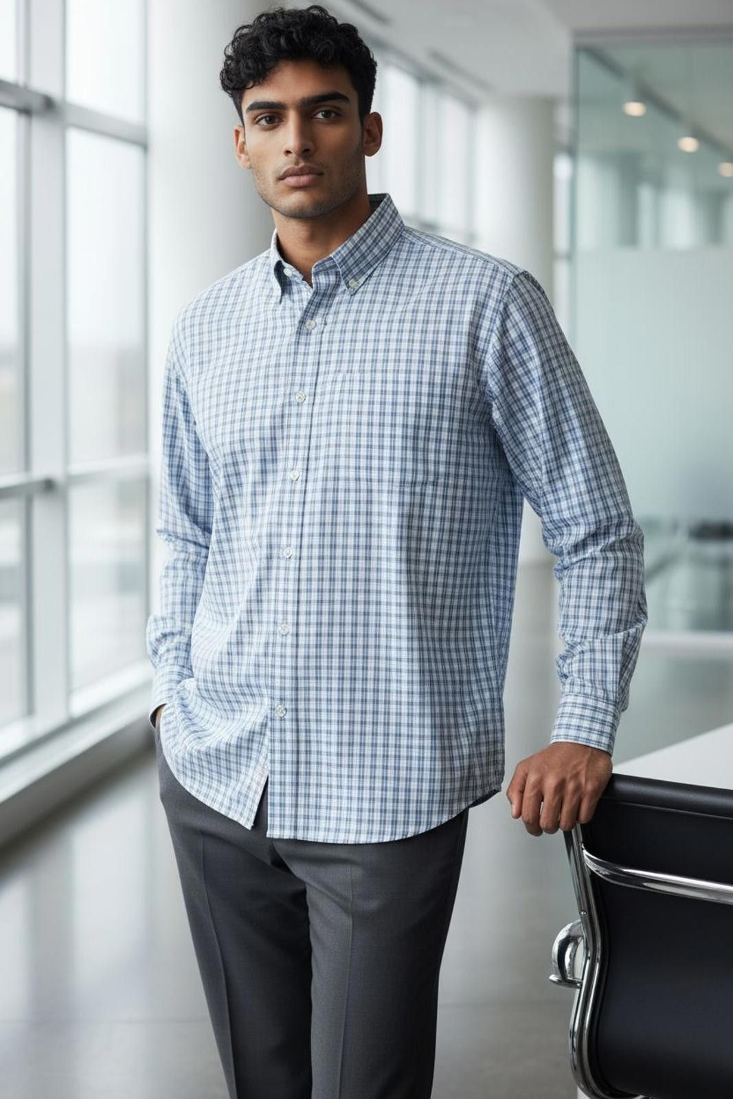Other GS Men's Casual Long Sleeve Button-Down Shirt Blue Checkered Size US M / EU 48-50 / 2 - 1 Thumbnail
