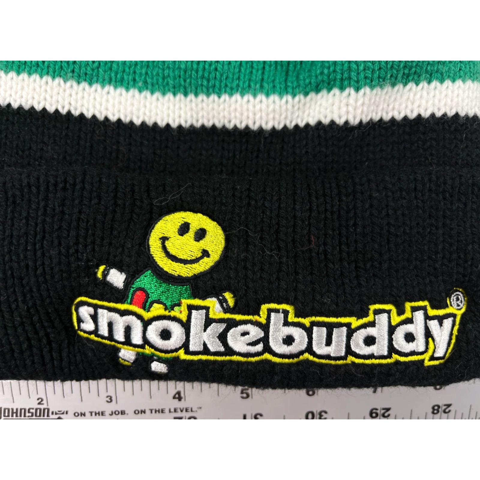 Vintage Smokebuddy Beanie Toque Adult One Size Green Black Stripe Knit Acrylic Ski Pom Hat Beanie Mens One Size Green Stripe Ski Outdoor Smoking Theme Size ONE SIZE - 2 Thumbnail