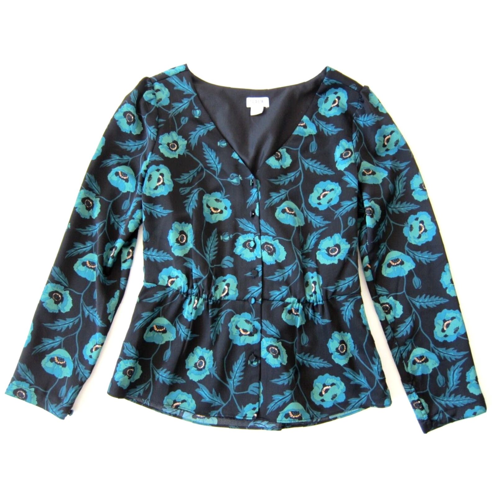J.Crew J.Crew Black Green Floral Silky V-Neck Button Down Long Sleeve Blouse Size 0 Size XS / US 0-2 / IT 36-38 - 6 Thumbnail