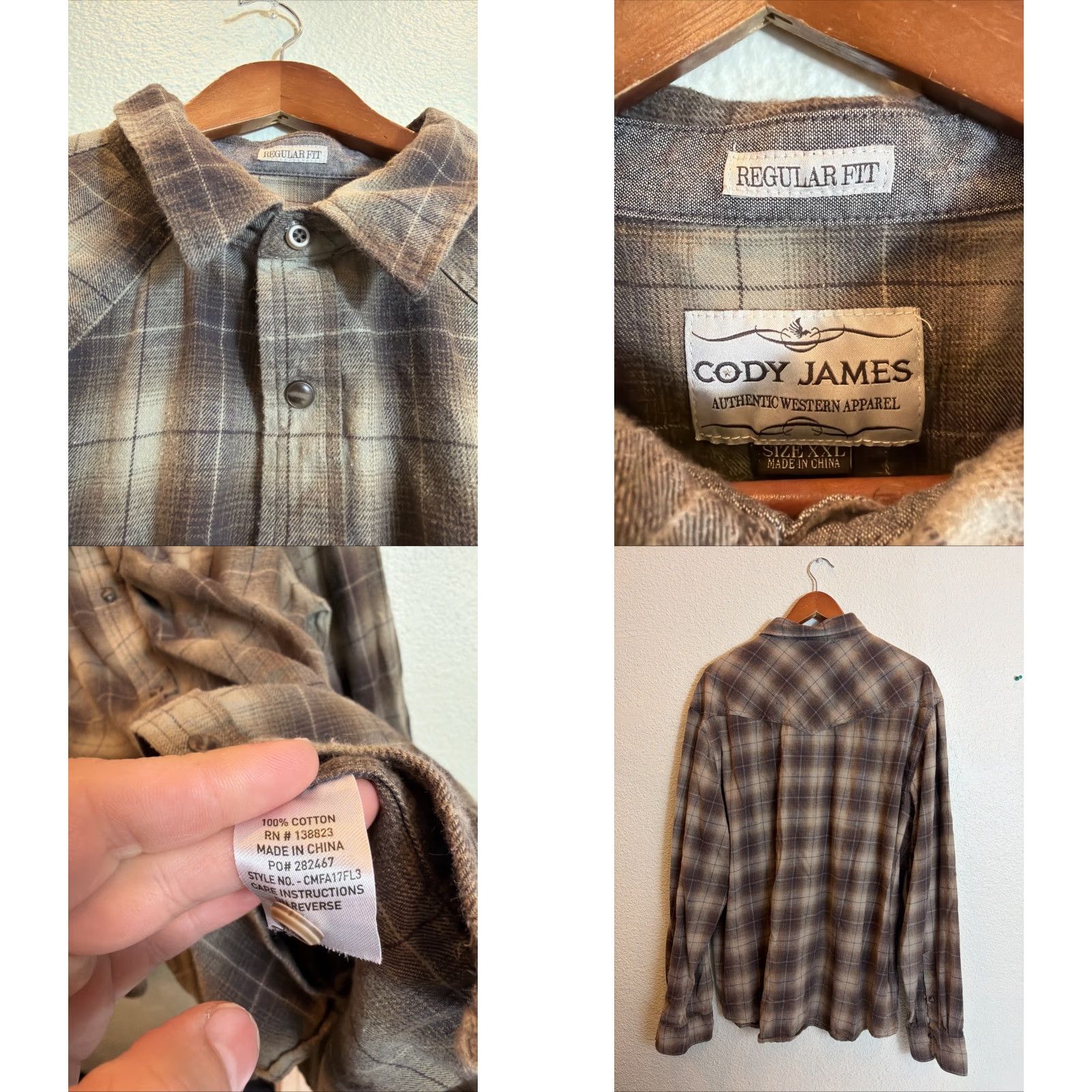 Cody James Cody James Mens 2XL Long Sleeve Pearl Snap Flannel Brown Plaid Shirt Cotton Size US XXL / EU 58 / 5 - 8 Thumbnail