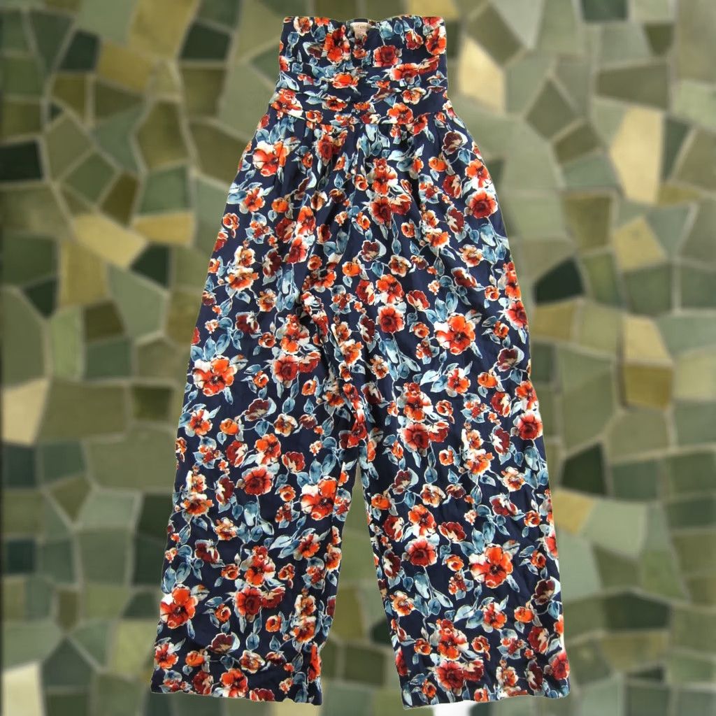 Vintage Band Of Gypsies Jumpsuit One-Piece Sleeveless Strapless Floral Rayon Blue Orange Pockets Wide-Leg S Women Size 28" / US 6 / IT 42 - 1 Thumbnail