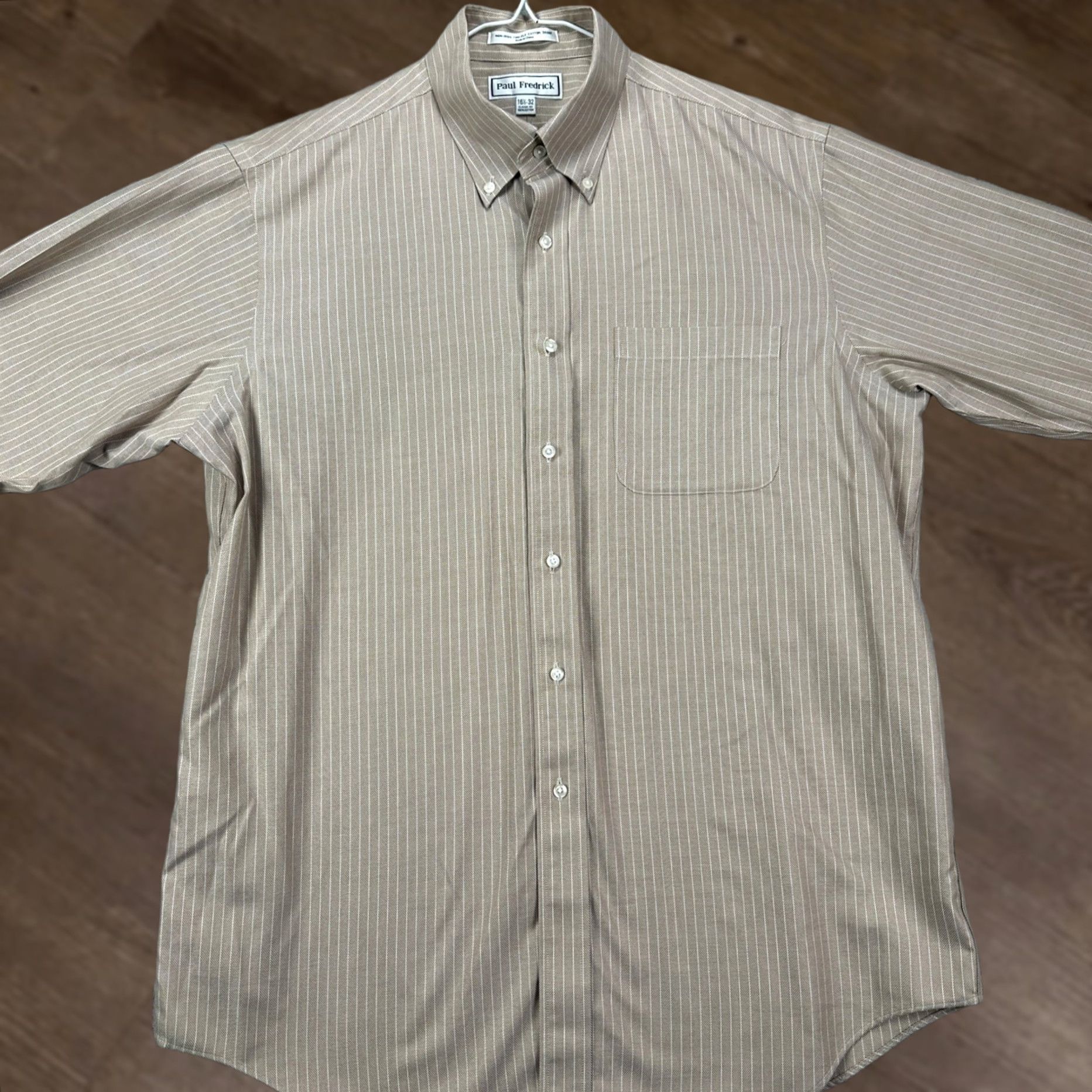 Vintage VINTAGE Paul Fredrick Mens 16.5-32 Shirt Dress Brown Stripes Classic Fit Button Down EUC Size 42R - 1 Thumbnail