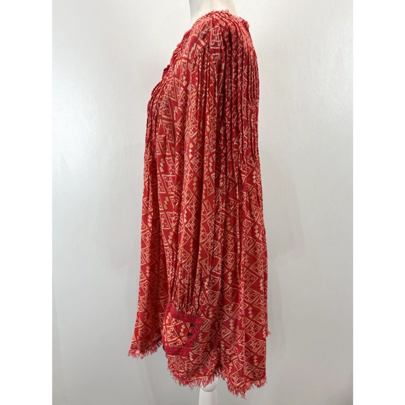 Free People Free People Long Sleeve Boho Tie Neck Swing Dress Red Small Women Size S / US 4 / IT 40 - 2 Thumbnail