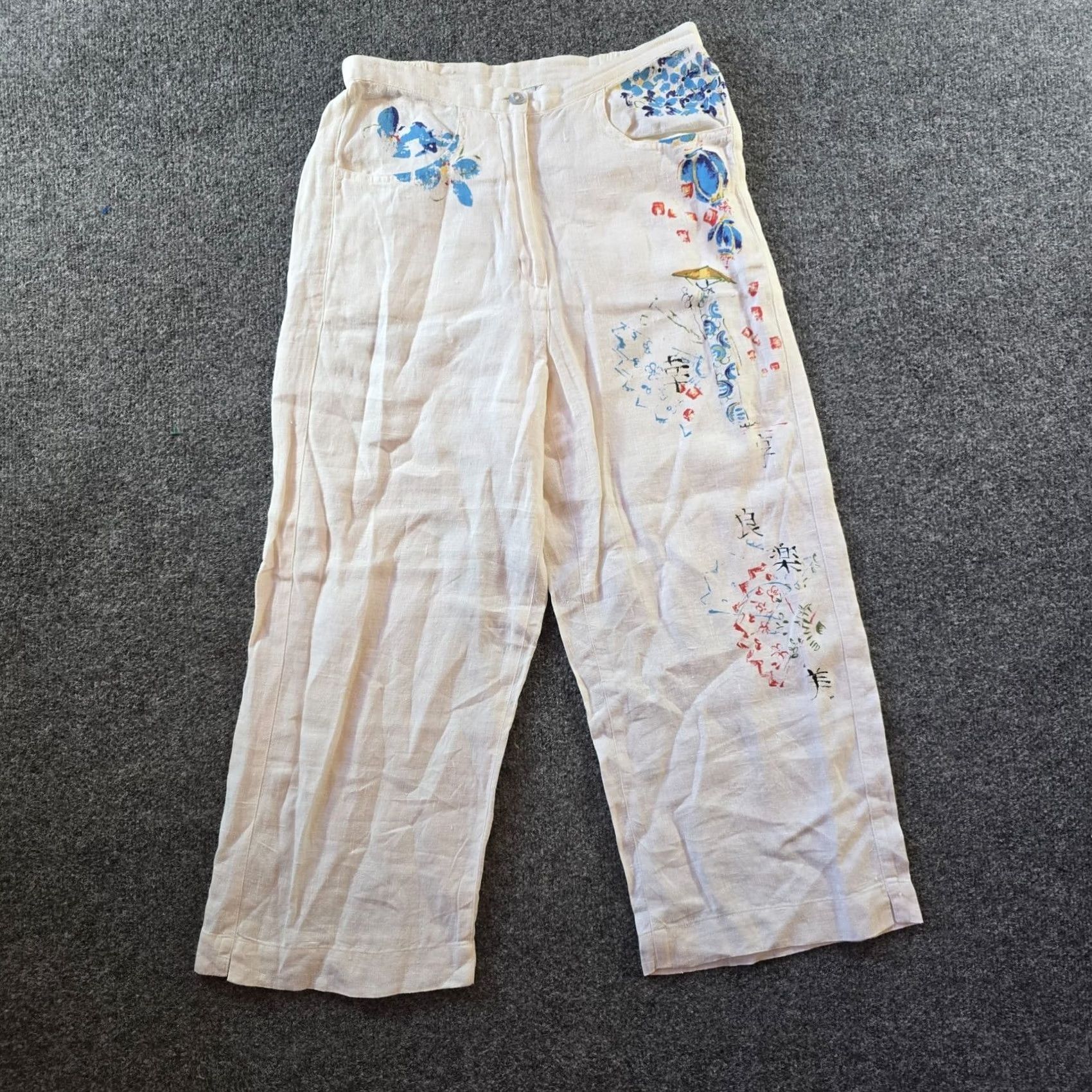 Vintage Chicos Pants Women Size 4 White Linen Floral Painted Art To Wear Artsy Lagenlook Cropped Wide-Leg Casual Size 27" / US 4 / IT 40 - 2 Thumbnail
