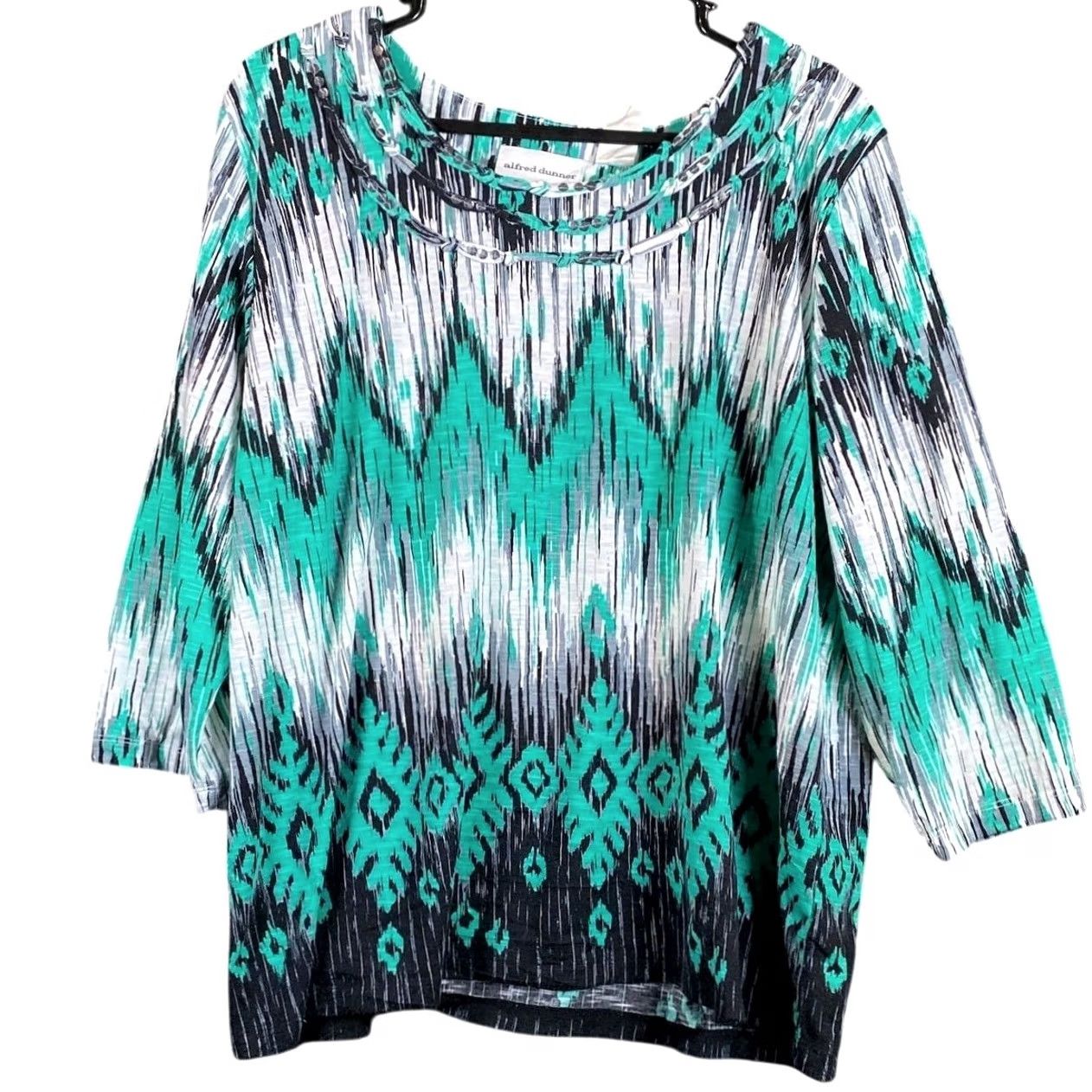 Vintage Alfred Dunner Women Blouse Green Black Fair Isle Geometric 3/4 Sleeve Stretch XL Size XL / US 12-14 / IT 48-50 - 2 Thumbnail