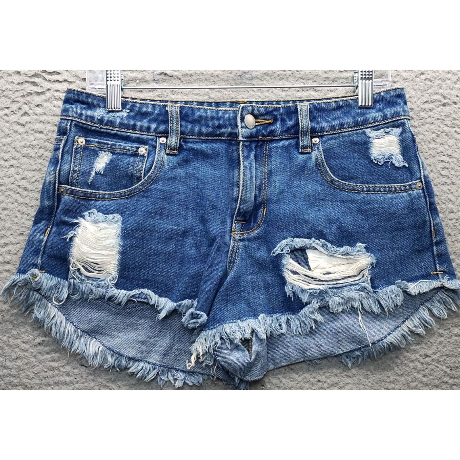 Denime P.S. Erin Wasson Womens 27 Navy Denim Shorts Distressed Frayed Hem 5-Pocket Pocket Tribal Casual Summer Size 27" / US 4 / IT 40 - 2 Thumbnail