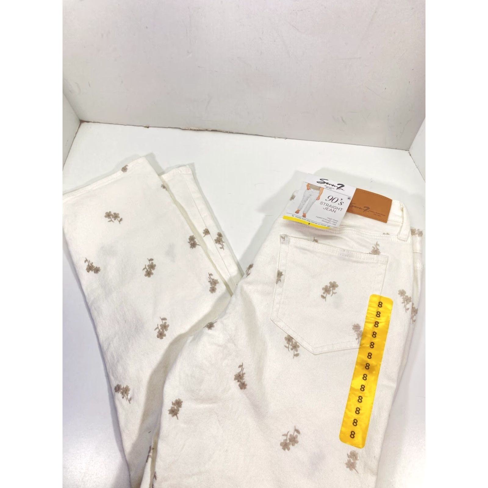 Vintage Seven7 90s Straight Jeans Women Size 8 32X30 White Floral High Rise Stretch NWT Size 30" / US 8 / IT 44 - 2 Thumbnail