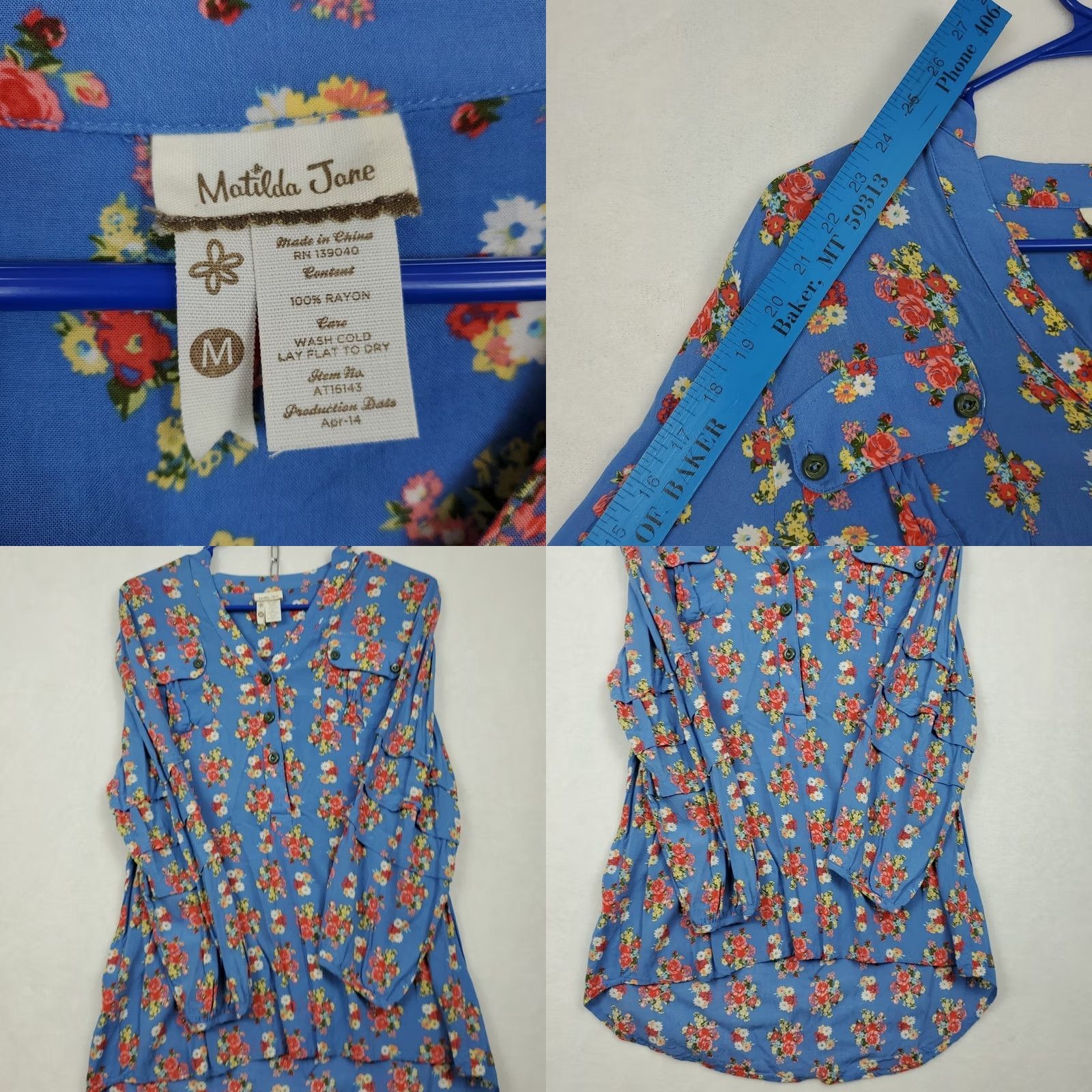 Vintage Matilda Jane Blue Floral 3/4 Sleeve Ruffle Boho Womens Top Blouse Tunic V-Neck Button 3/4 Sleeve Rayon Regular M Beige? Blue? Size M / US 6-8 / IT 42-44 - 8 Thumbnail