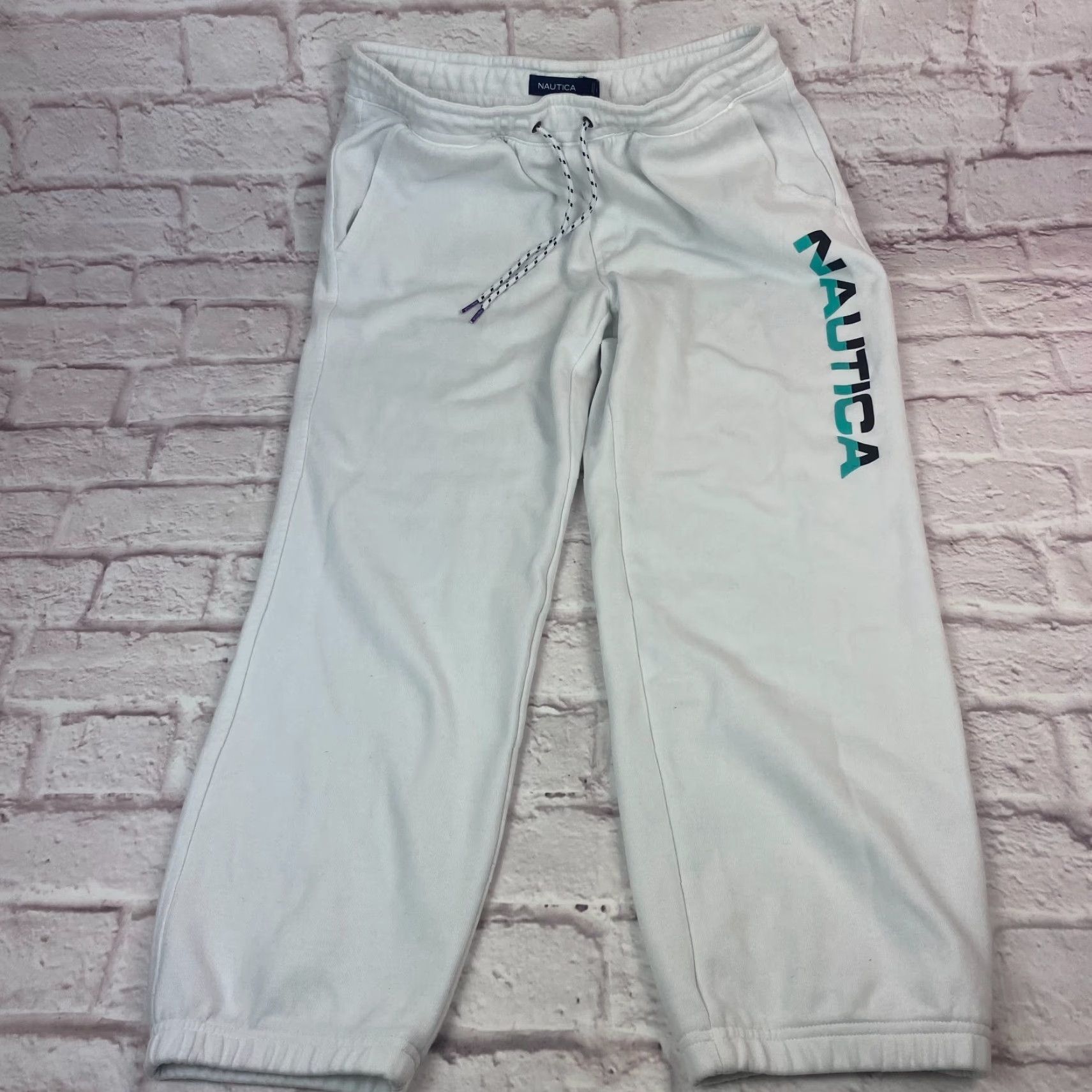 Nautica Nautica Sweatpants White Mens Cropped Size M Competition Classic Logo Graphic Drawstring Tapered Size US 31 - 3 Thumbnail