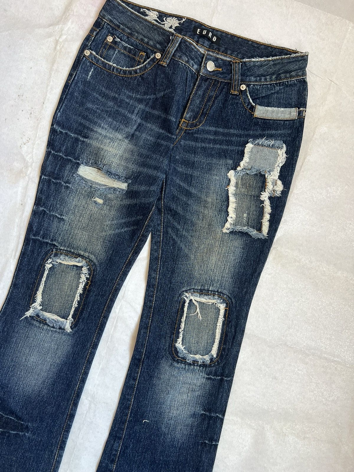 Japanese Brand Euro Distressed Patchwork Flared Jeans Wide Leg Size 29" - 4 Thumbnail